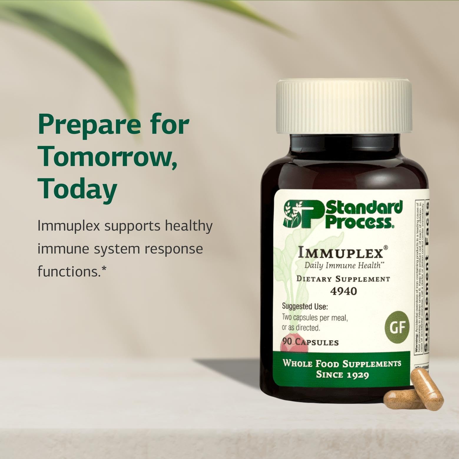 Standard Process Immuplex etiqueta frontal, opción sin gluten para consumo diario.