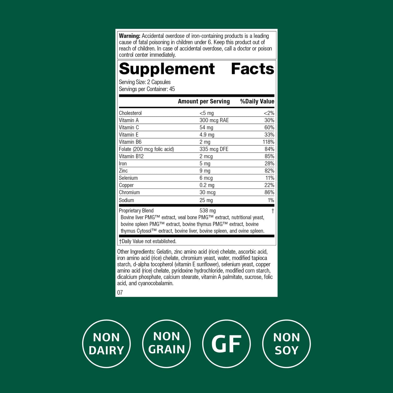 Standard Process Immuplex con zinc y hierro, nutrientes clave para la nutrición diaria.