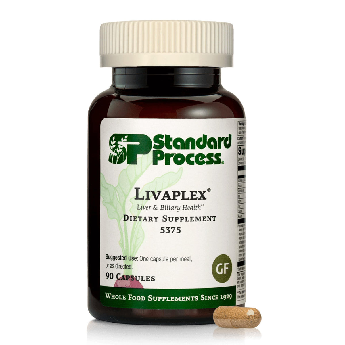 Standard Process Livaplex, botella de cápsulas para apoyo digestivo y hepático.