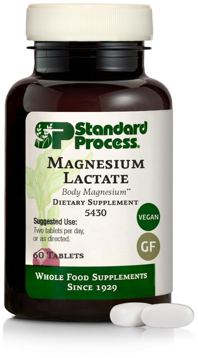 Standard Process Magnesio Lactato, botella frontal, apoyo a la energía diaria.