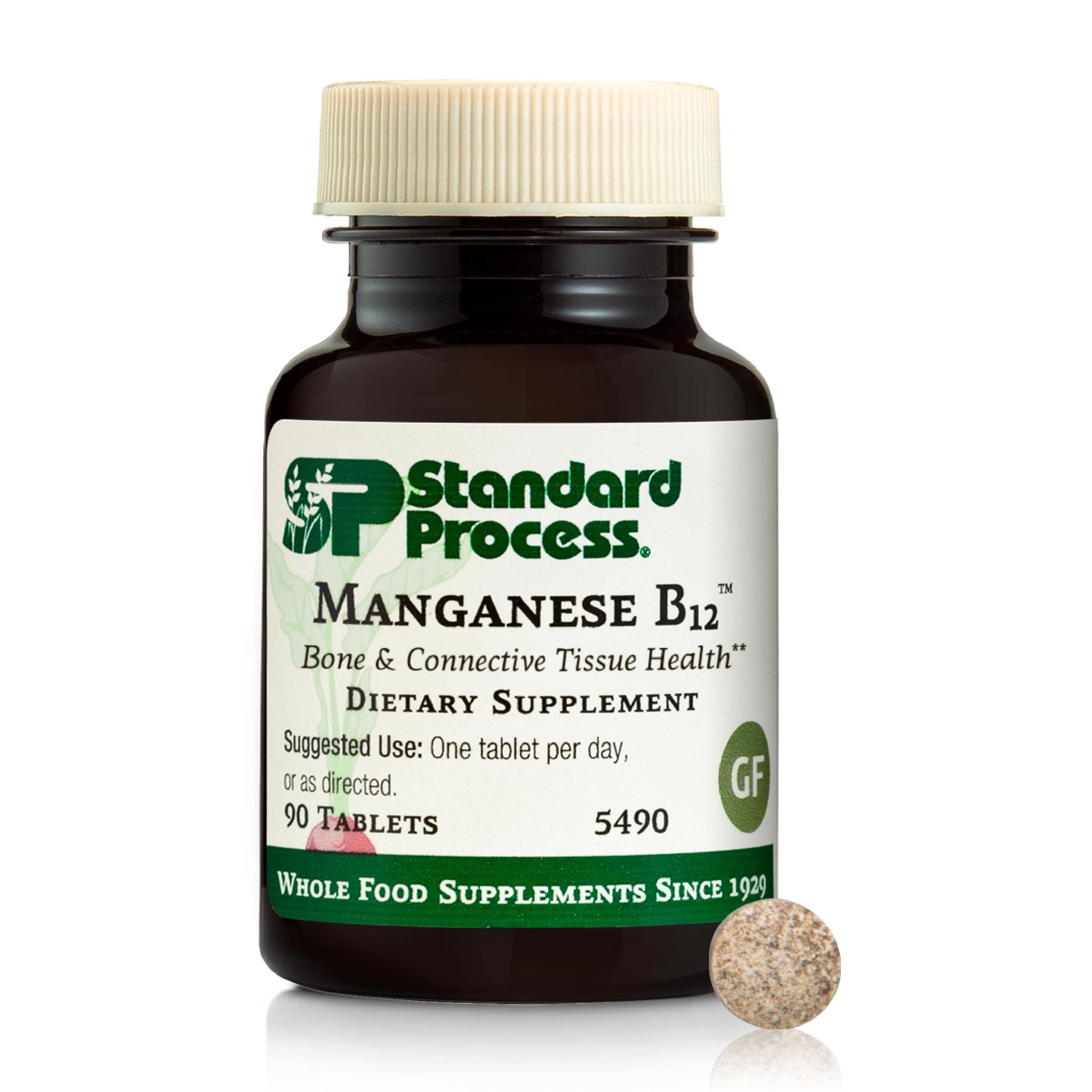 Standard Process Manganeso B12: botella vertida para apoyo óseo y tejido conectivo.