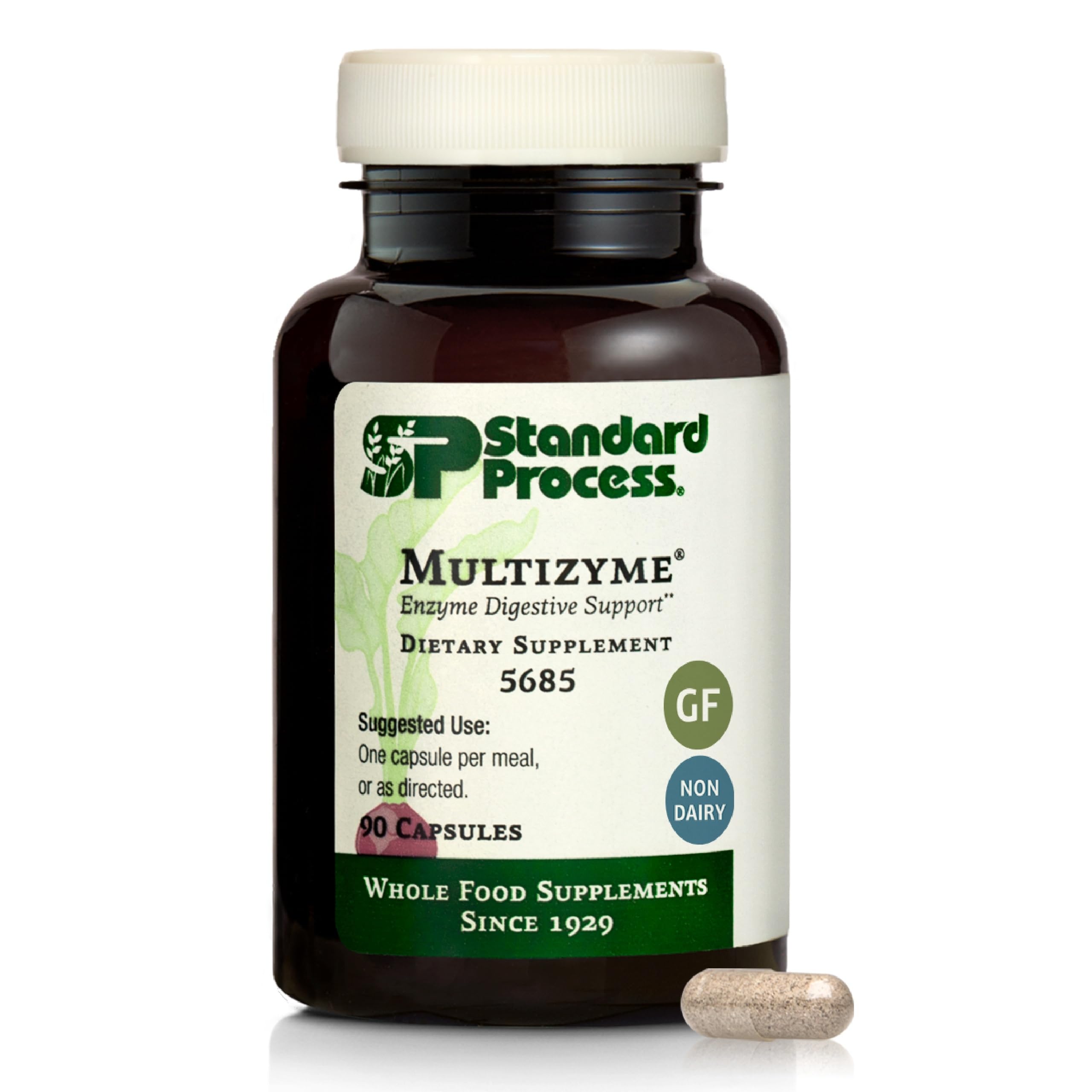 Standard Process Multizyme, botella frontal, práctico para apoyo digestivo diario.