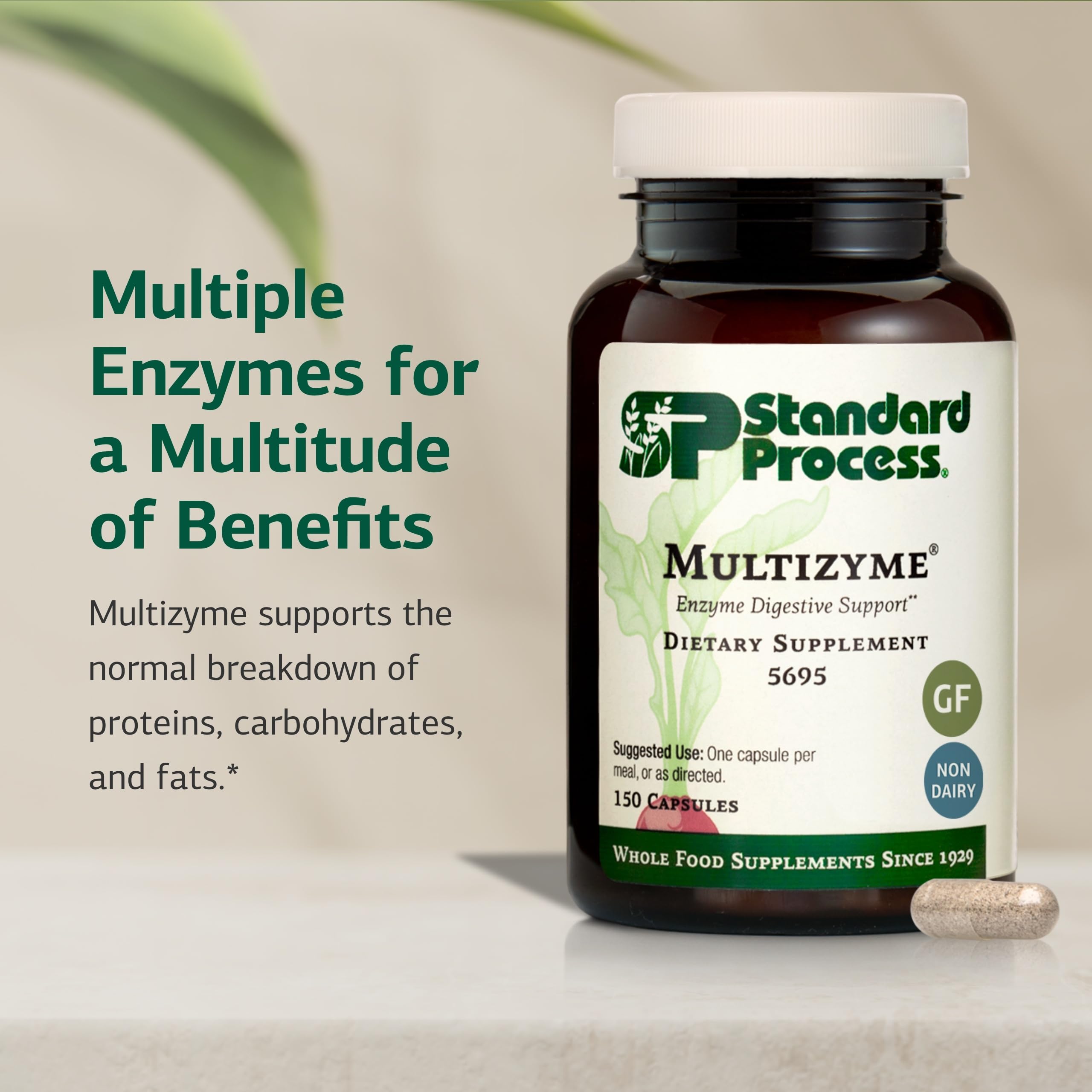 Capsulas de Multizyme listas para apoyar la digestión durante las comidas.