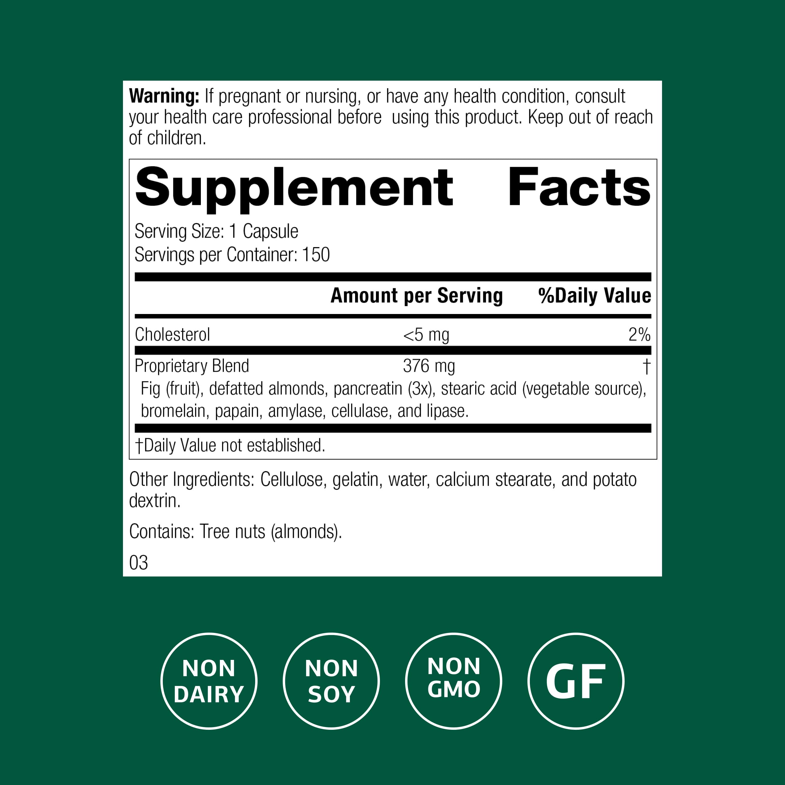 Etiqueta frontal de Multizyme indica uso y beneficios digestivos.