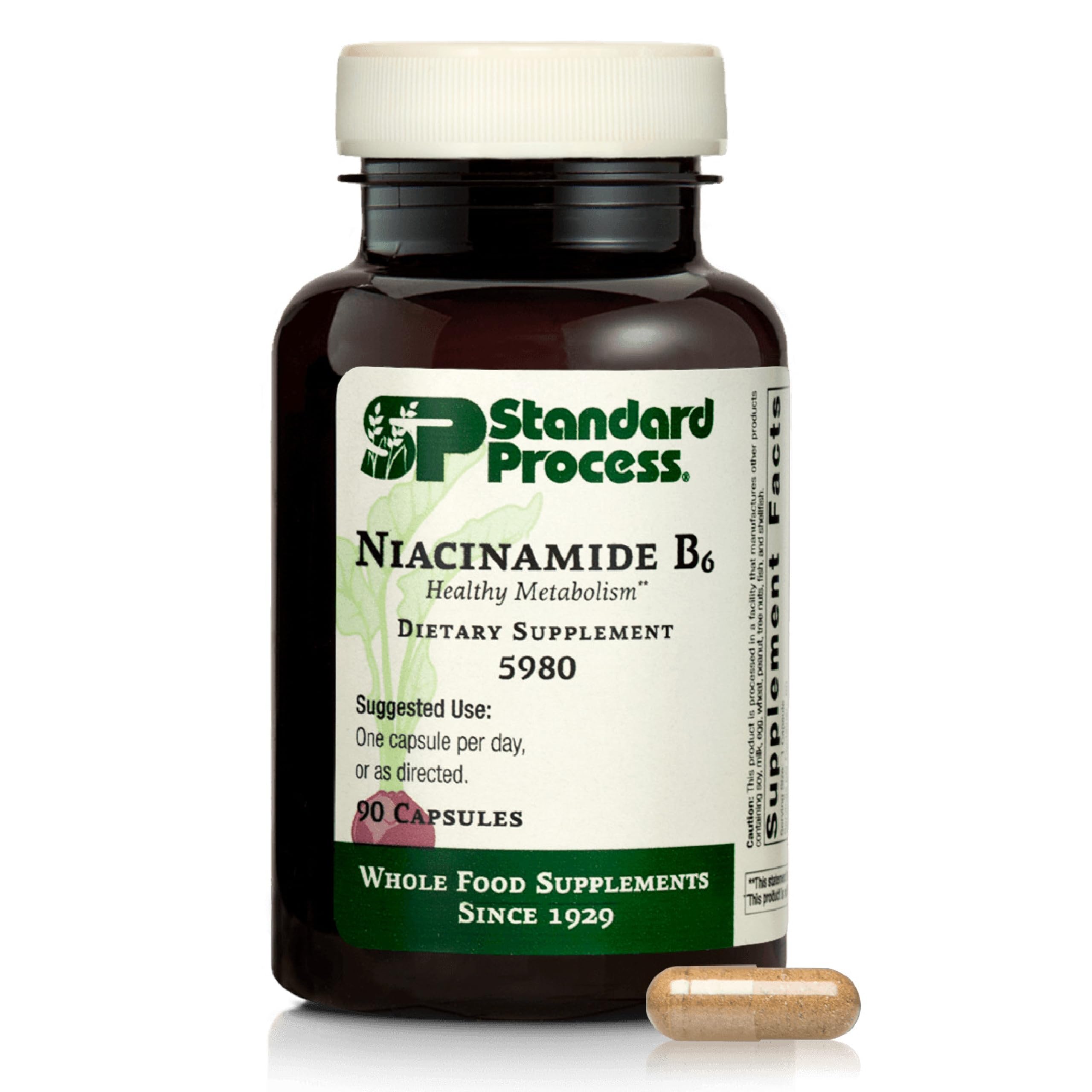 Standard Process Niacinamida B6, cápsulas visibles, posible apoyo al metabolismo energético.