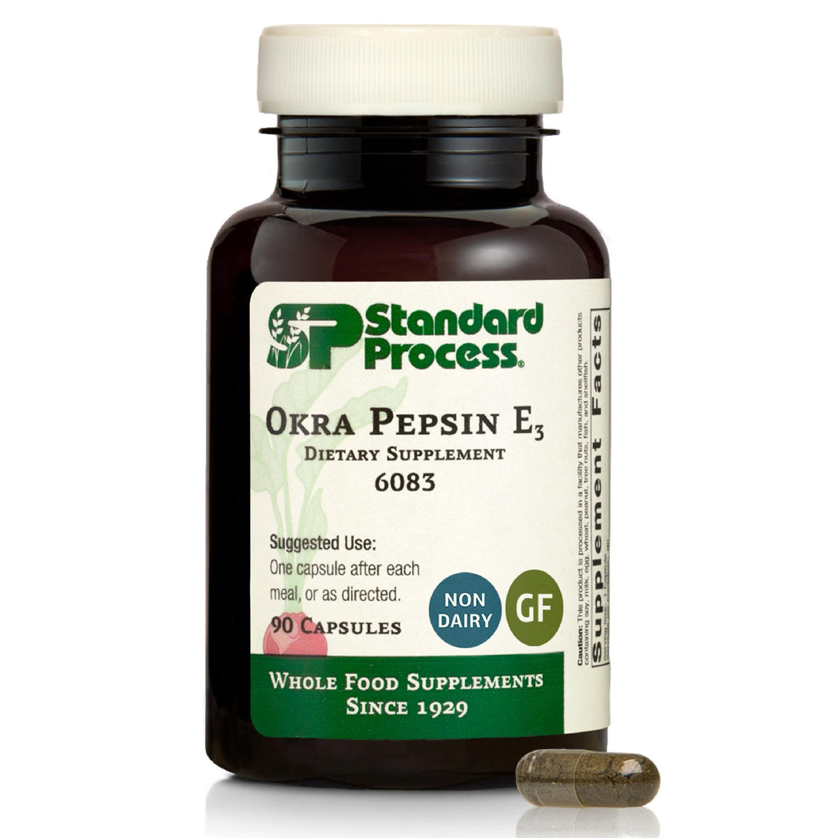 Standard Process Okra Pepsin E3: envase con cápsulas para apoyo digestivo diario