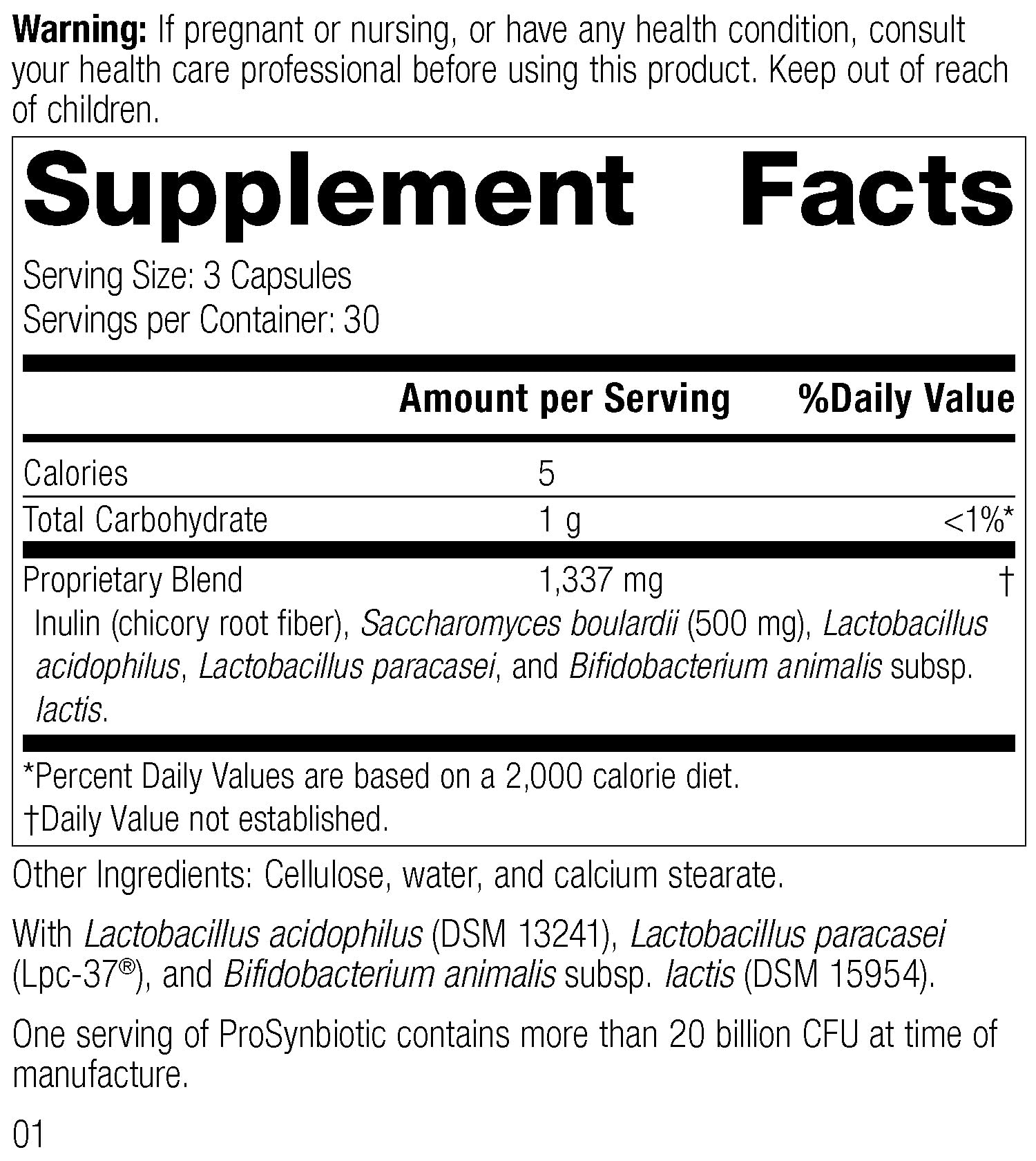 Etiqueta ProSynbiotic resalta ingredientes clave para equilibrio intestinal y apoyo digestivo.