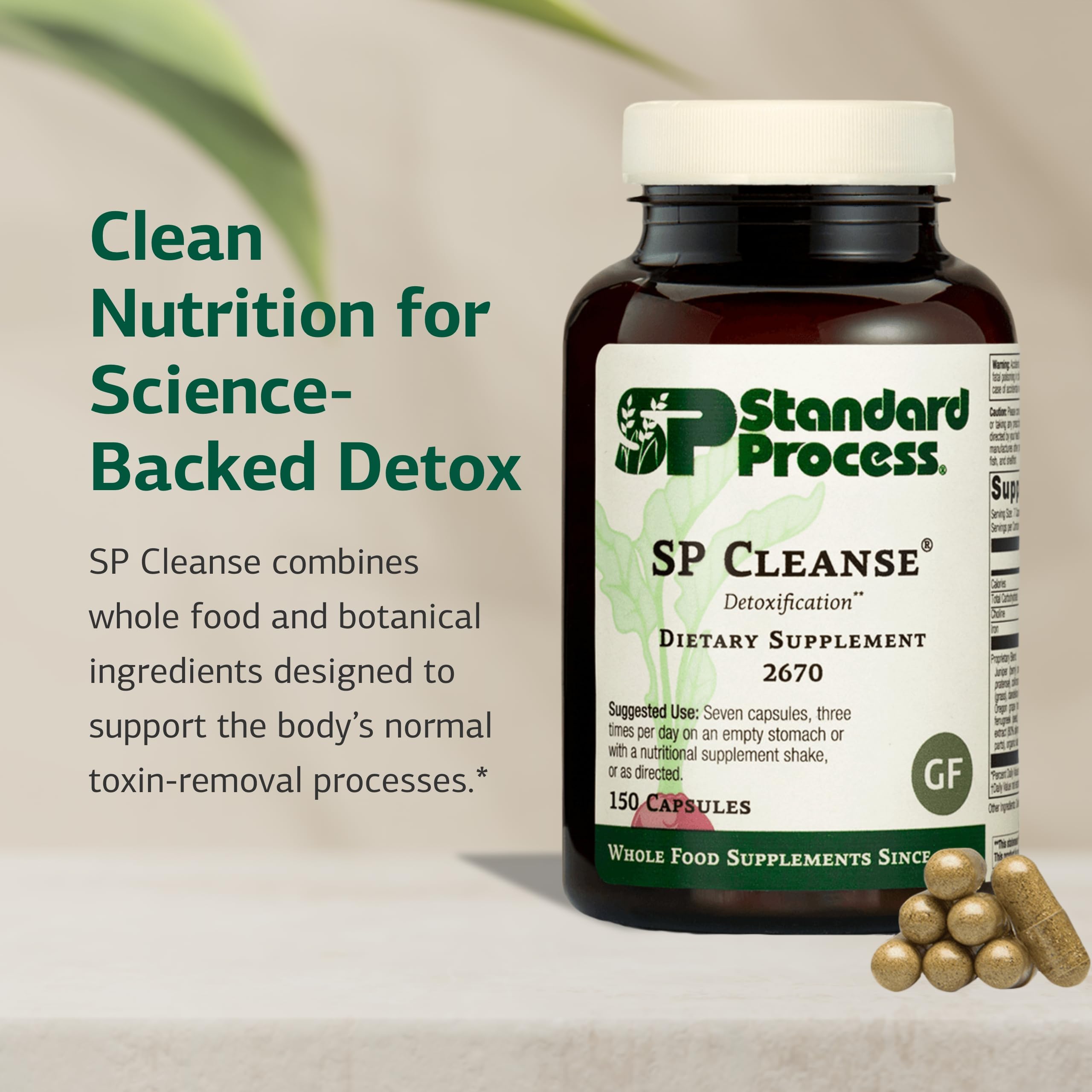 Standard Process SP Cleanse etiqueta frontal, muestra ingredientes enteros para apoyar funciones metabólicas.