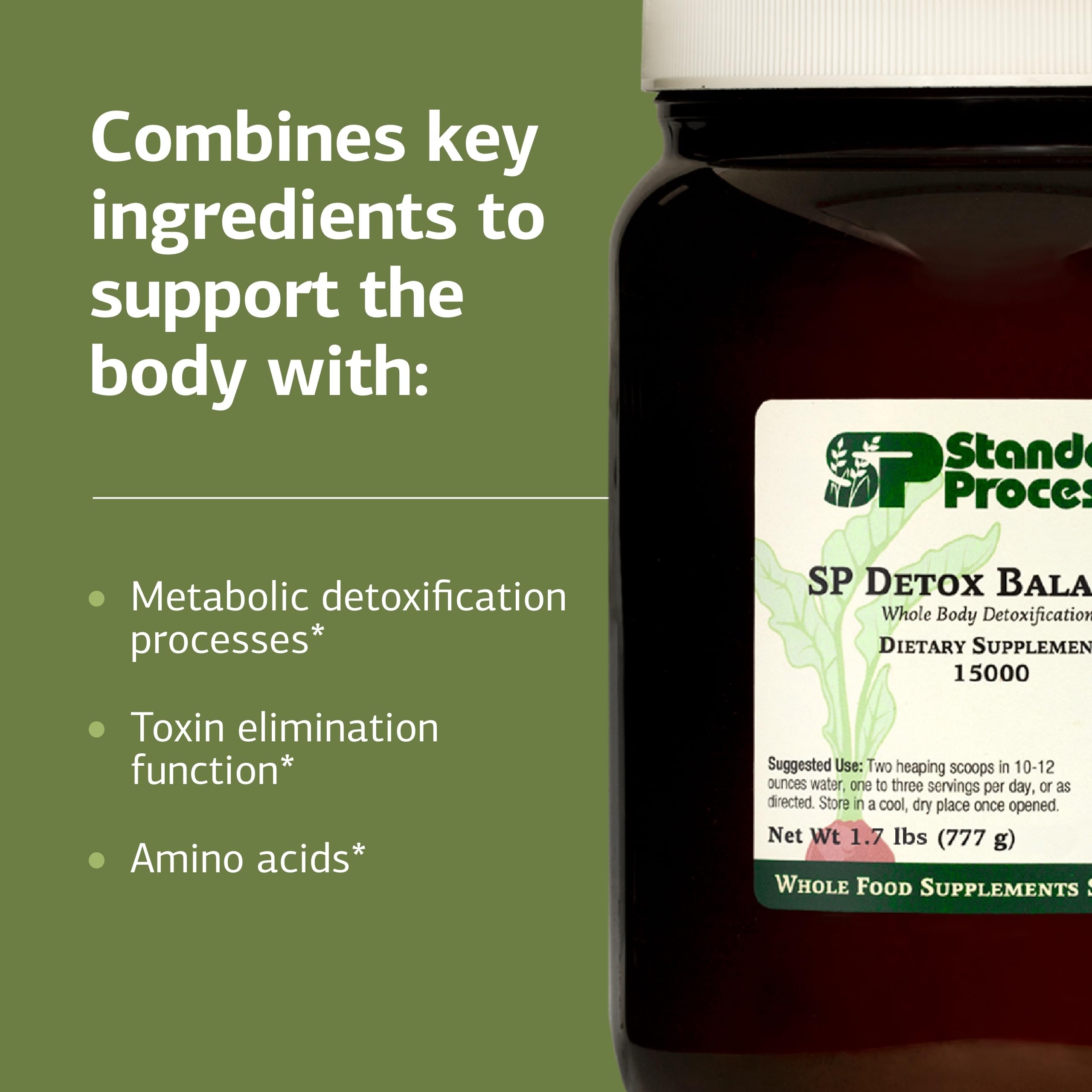 Standard Process SP Detox Balance, iconos veganos y sin gluten en el empaque.