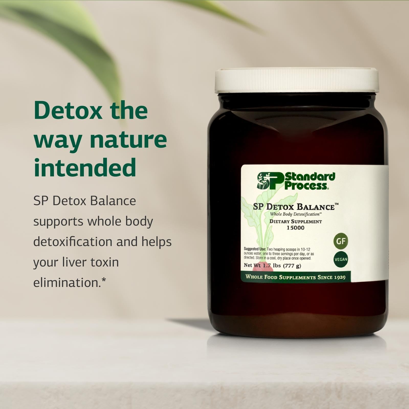 Polvo de proteína vegetal SP Detox Balance listo para mezclar en bebidas.