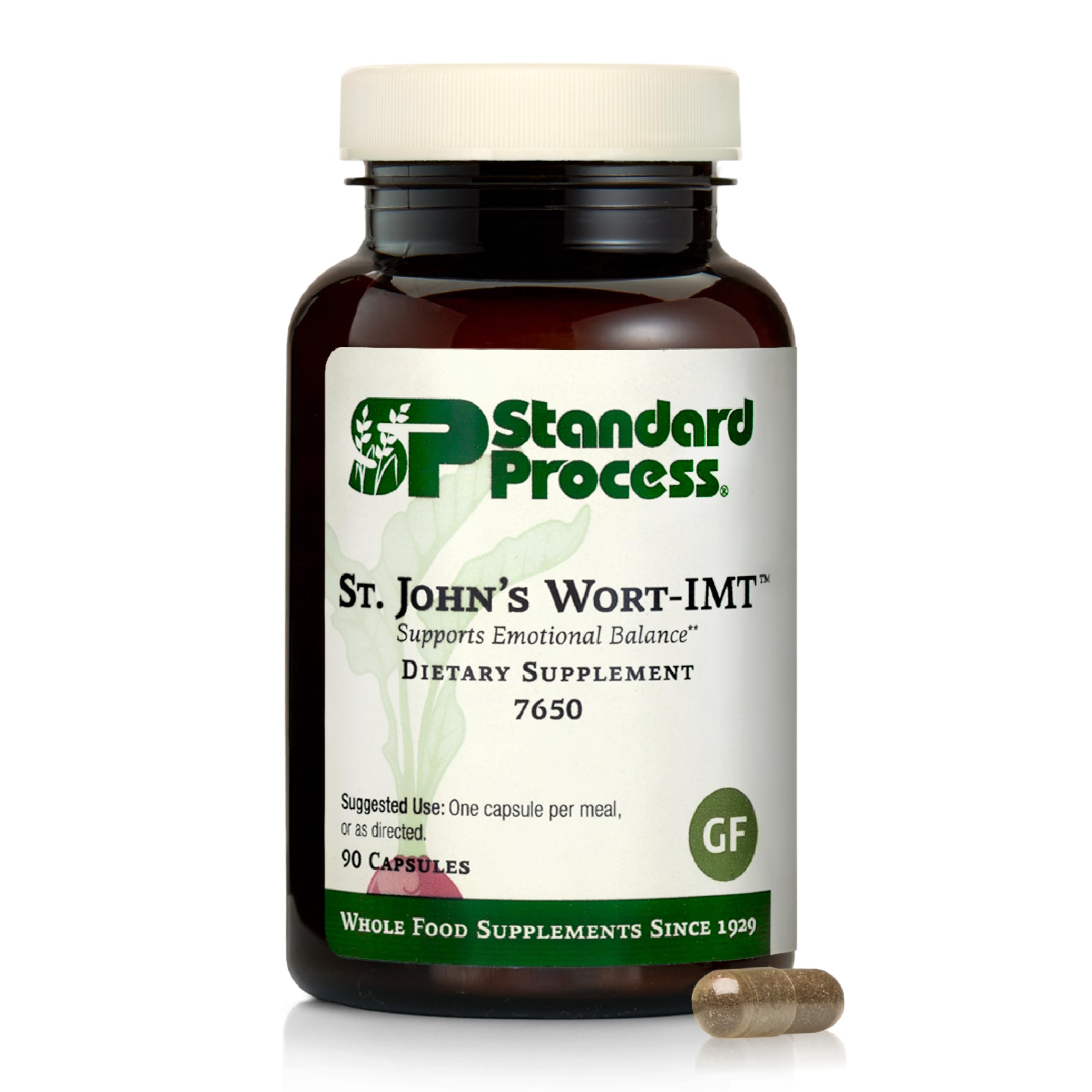 Standard Process St. John's Wort-IMT, botella derramando, posible apoyo para relajación.