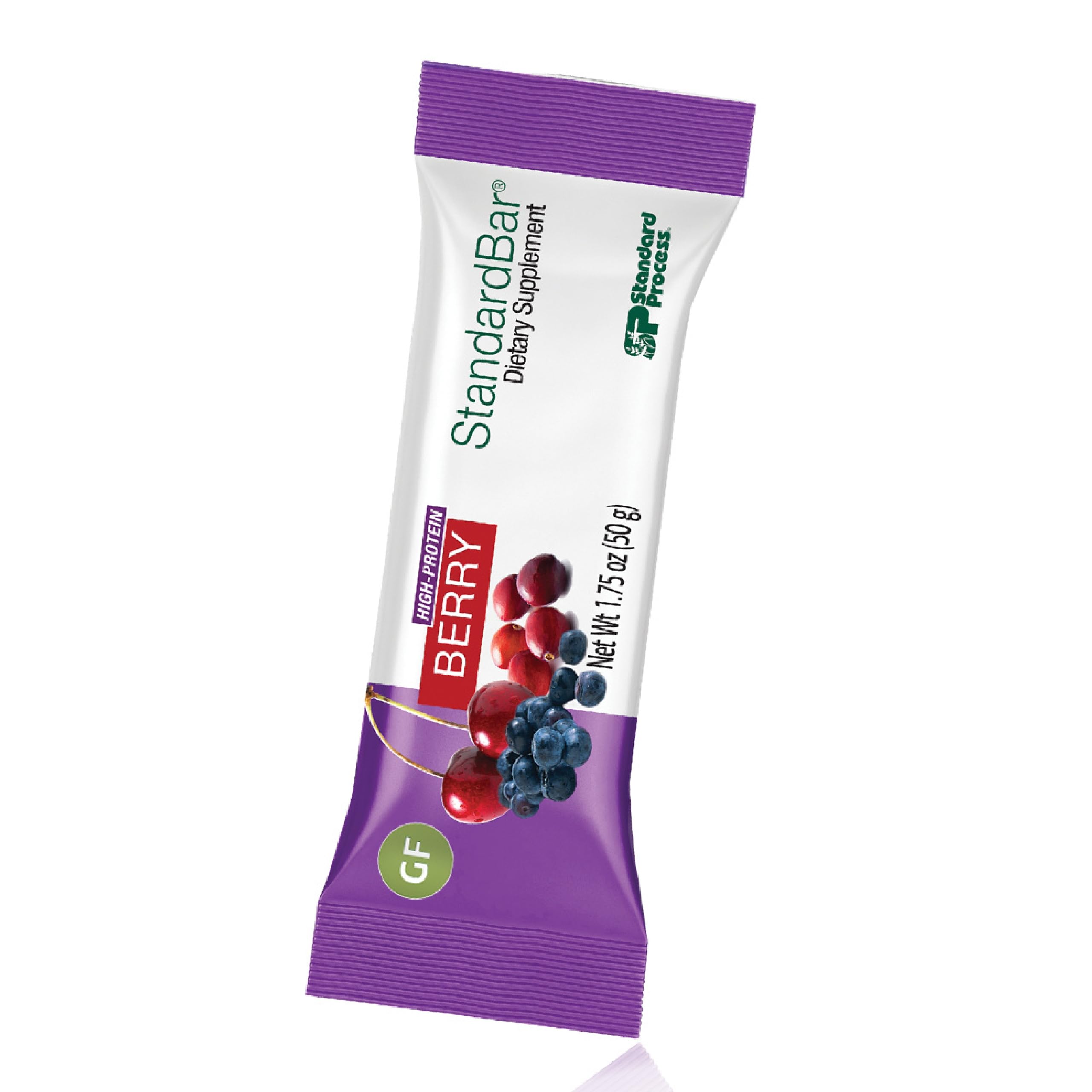 Barra StandardBar de Standard Process con arándanos, arándano rojo y cerezas, snack proteico.