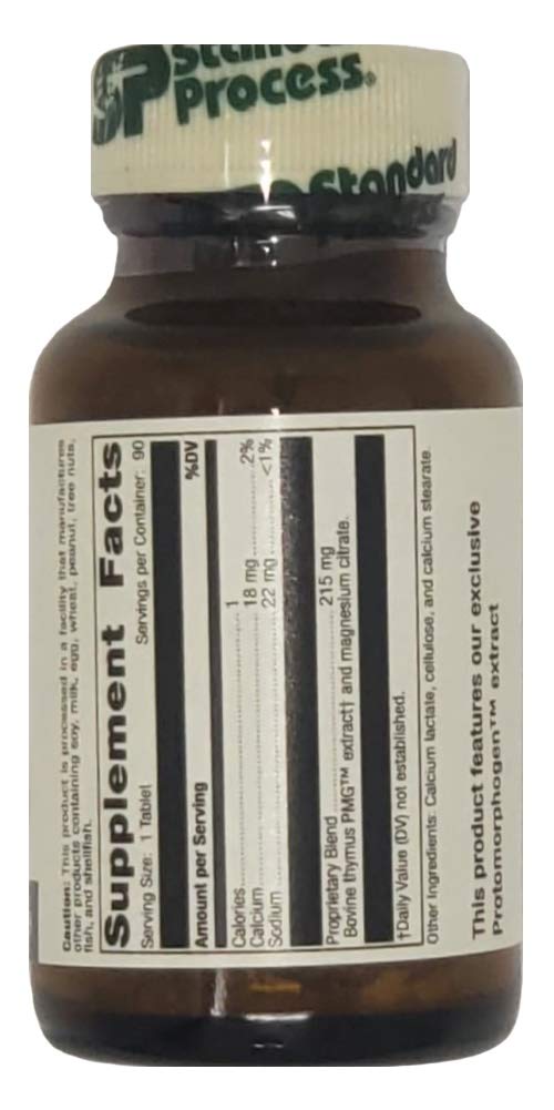 Standard Process Thymus PMG etiqueta con dosis y beneficios posibles.