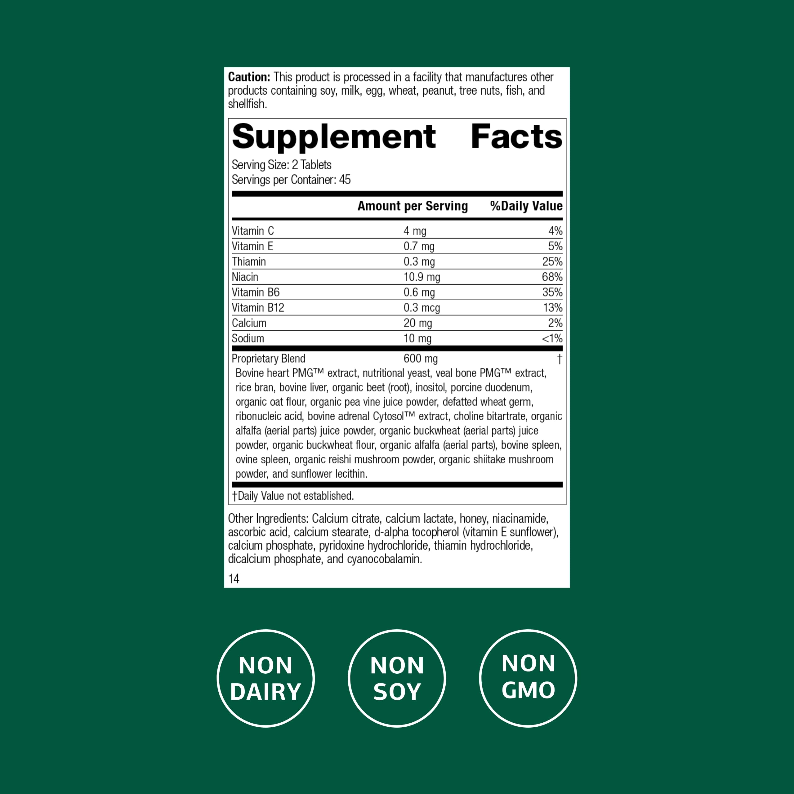 Vasculin de Standard Process, etiqueta nutricional, muestra contenido para colágeno y energía.
