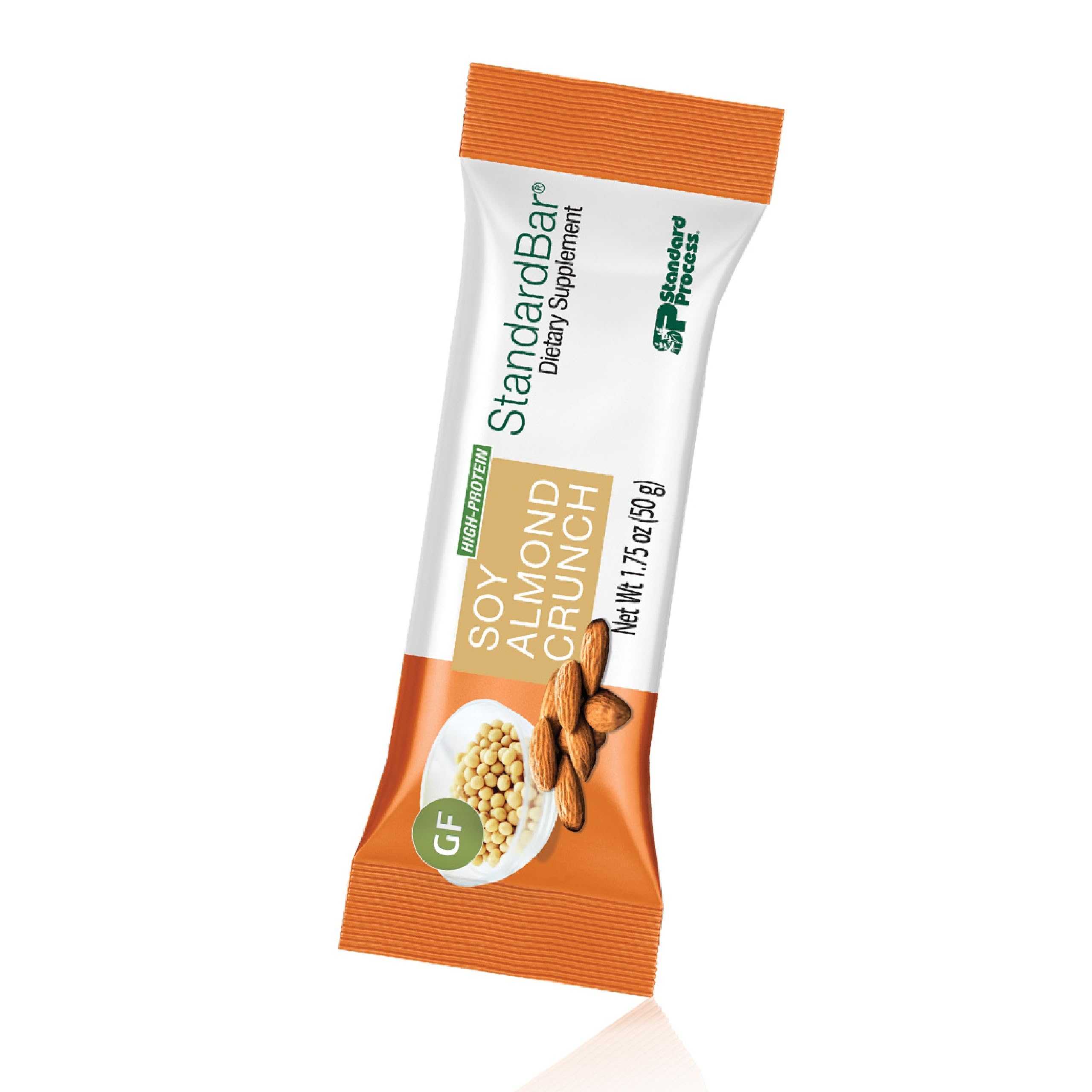 StandardBar soja almendra crujiente, envase con tapa para snack práctico y nutritivo.