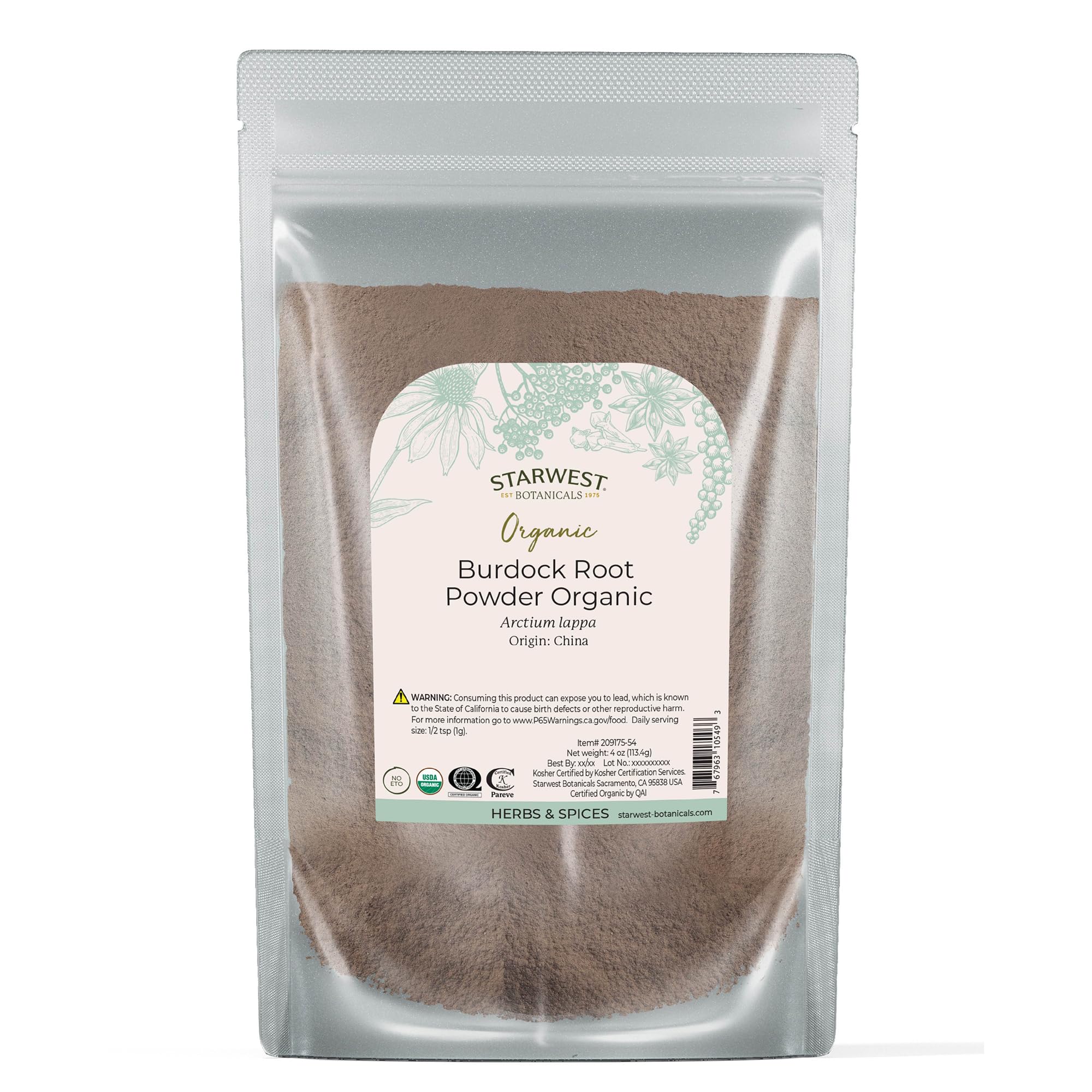 Starwest Botanicals Bardana en polvo, empaque de 4 onzas listo para cocinar.
