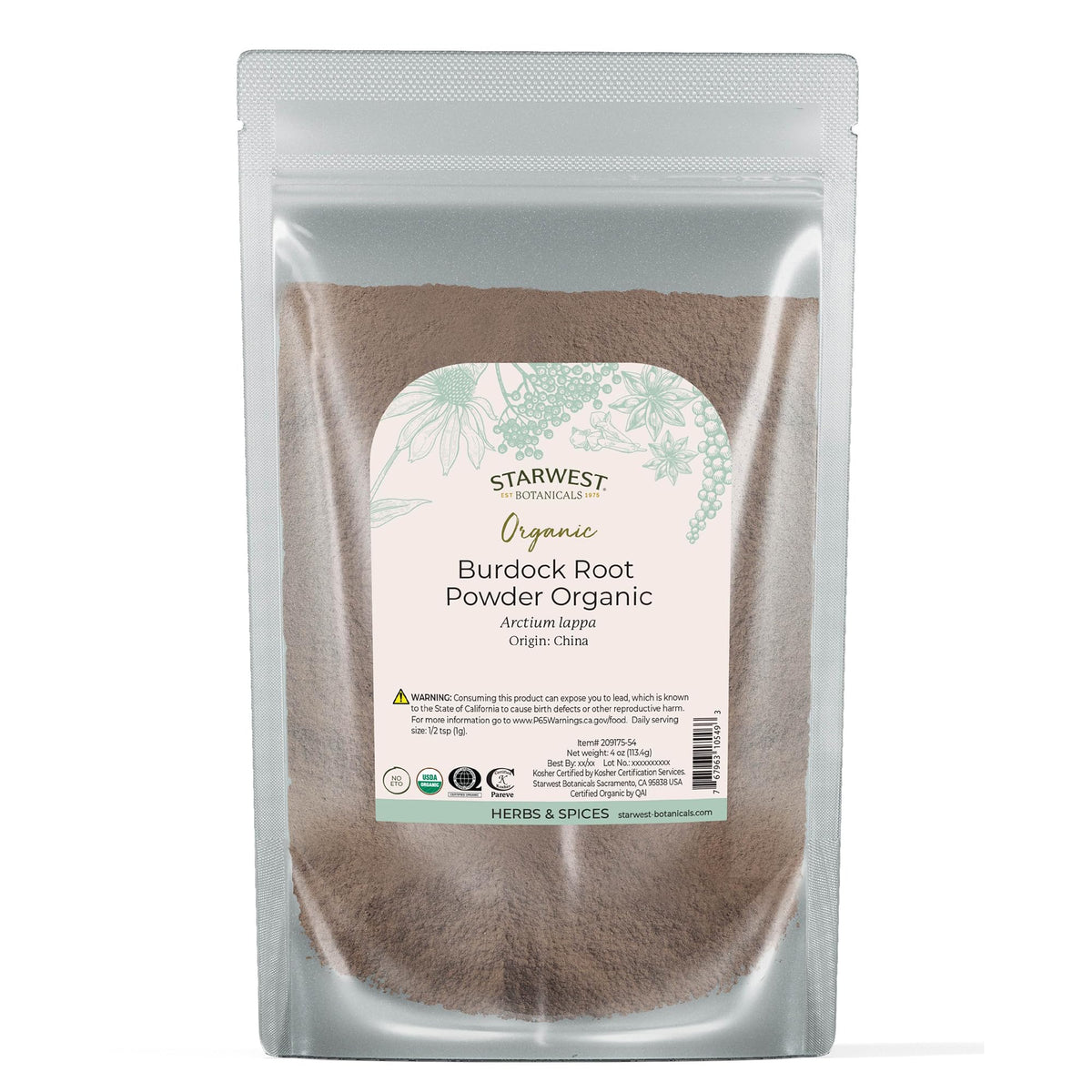 Starwest Botanicals Bardana en polvo, empaque de 4 onzas listo para cocinar.