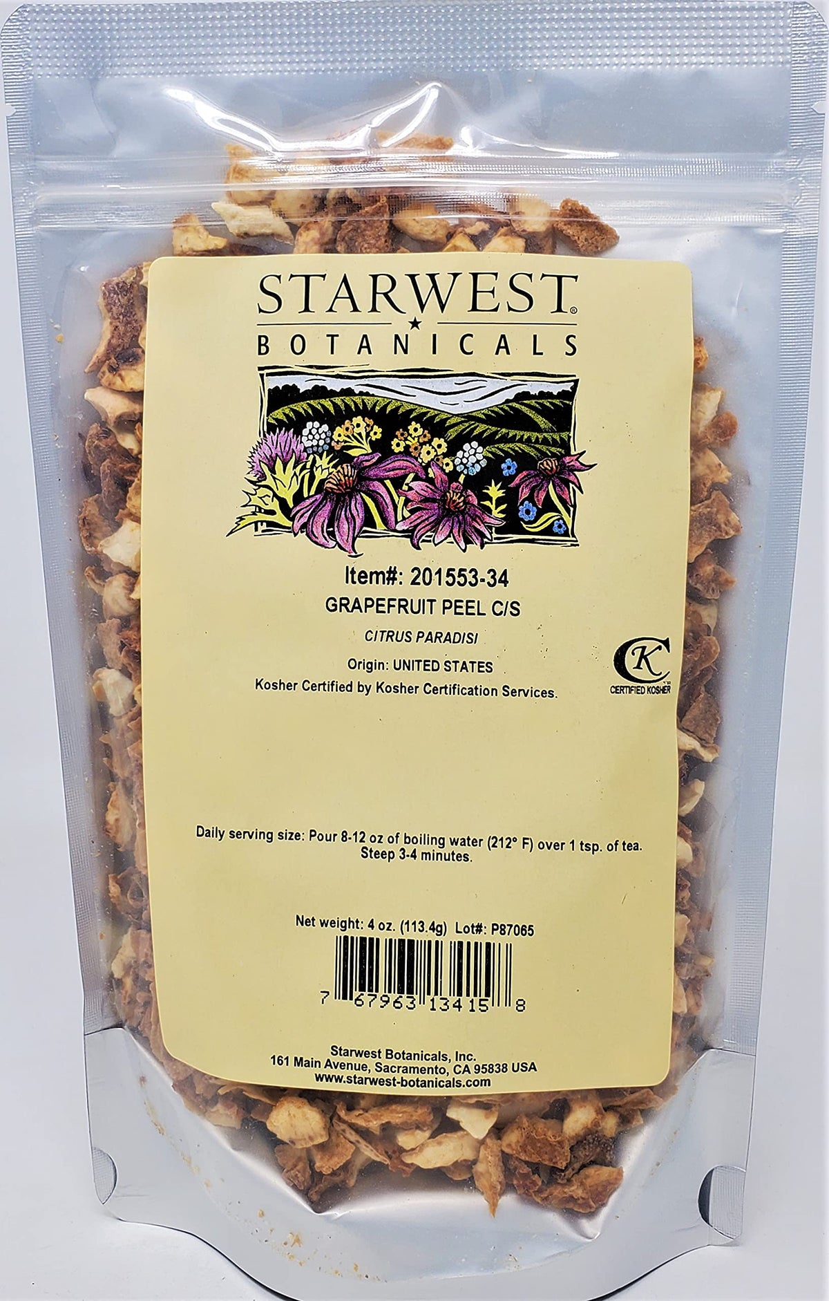 Starwest Botanicals cáscara de toronja cortada y tamizada, aroma cítrico ideal para tés e horneados
