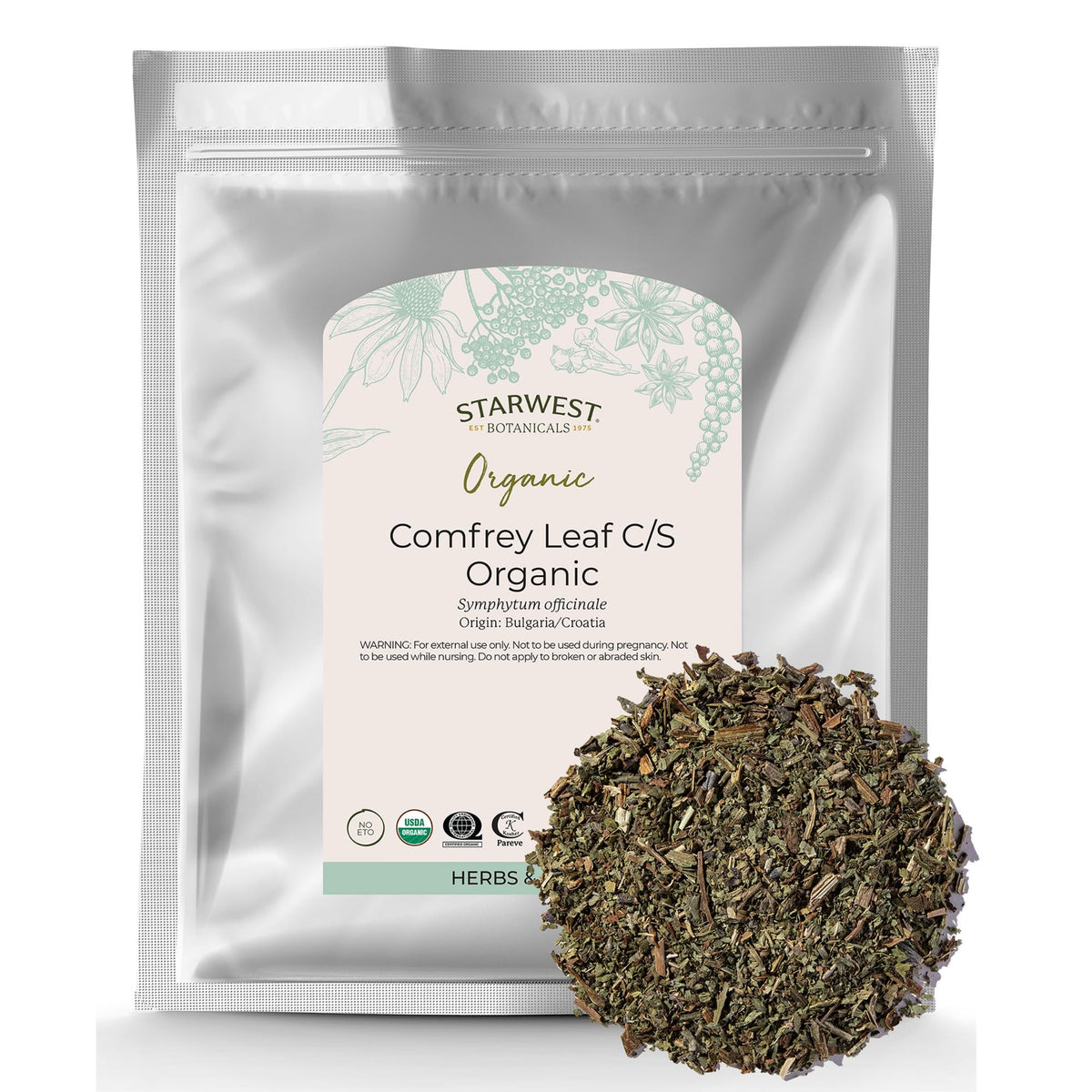 Starwest Botanicals Comfrey, hoja cortada en bolsa, ideal para preparaciones caseras.