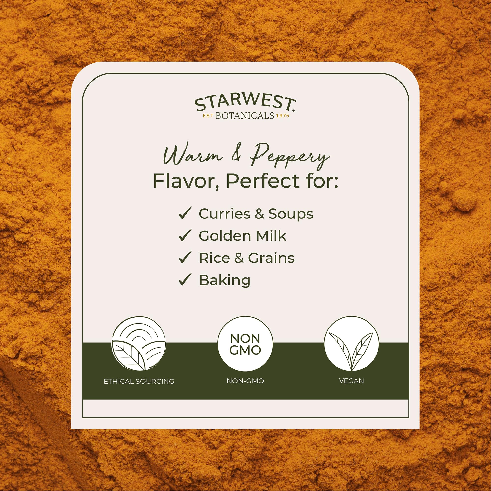Starwest Botanicals cúrcuma molida, cuchara medidora para añadir color y sabor.