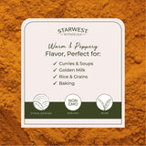 Starwest Botanicals cúrcuma molida, cuchara medidora para añadir color y sabor.