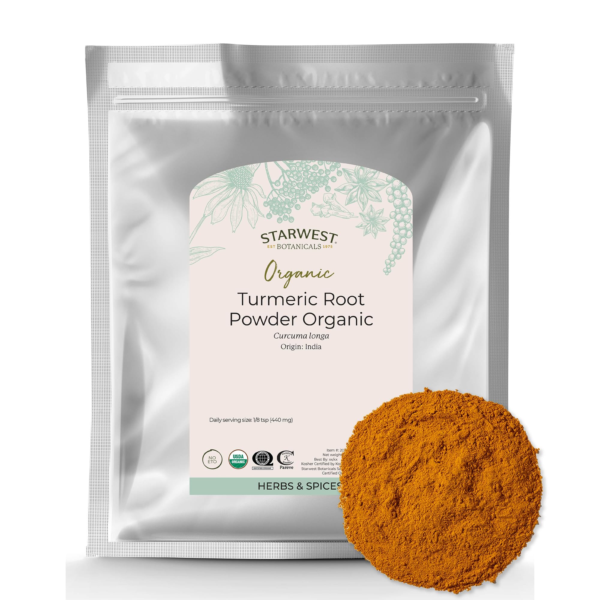 Starwest Botanicals cúrcuma molida orgánica, bolsa frontal para sabor natural y color dorado.
