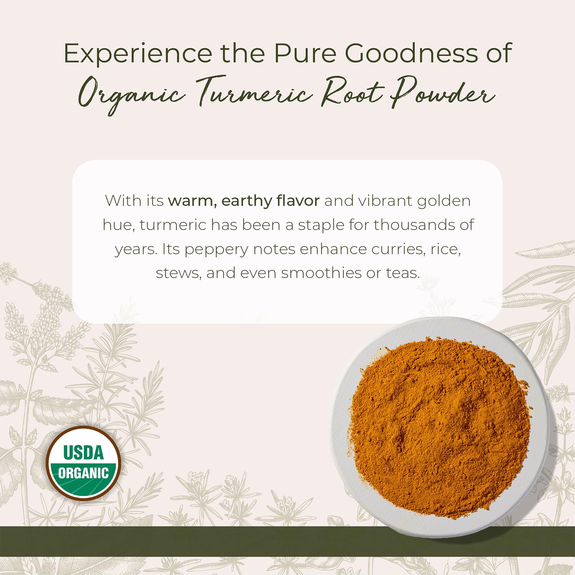 Starwest Botanicals cúrcuma molida, primer plano con textura sedosa para cocinar.