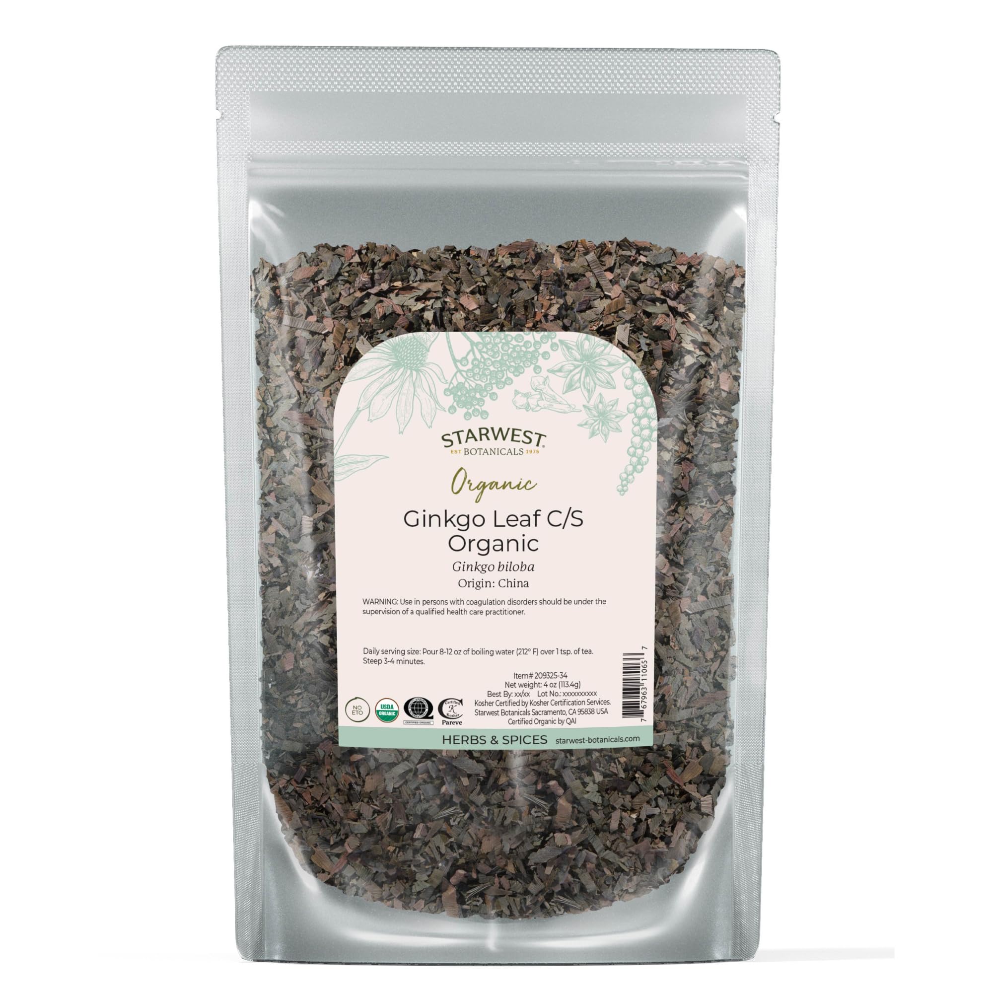 Starwest Botanicals Ginkgo, hojas secas, ideales para infusiones y mezclas.