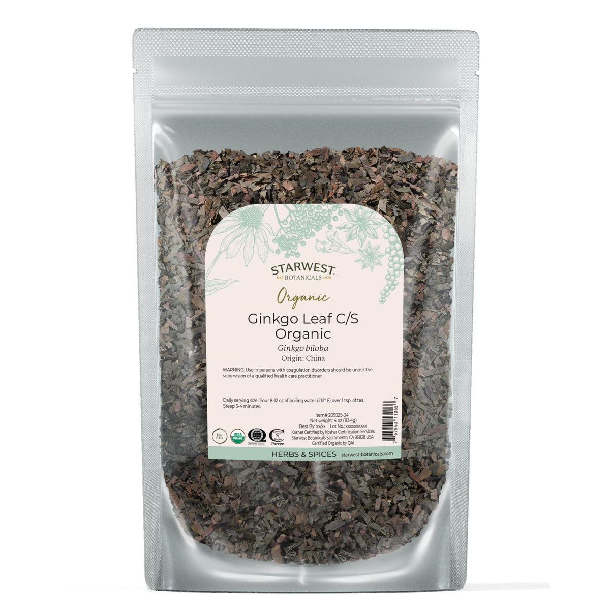 Starwest Botanicals Ginkgo, hojas secas, ideales para infusiones y mezclas.
