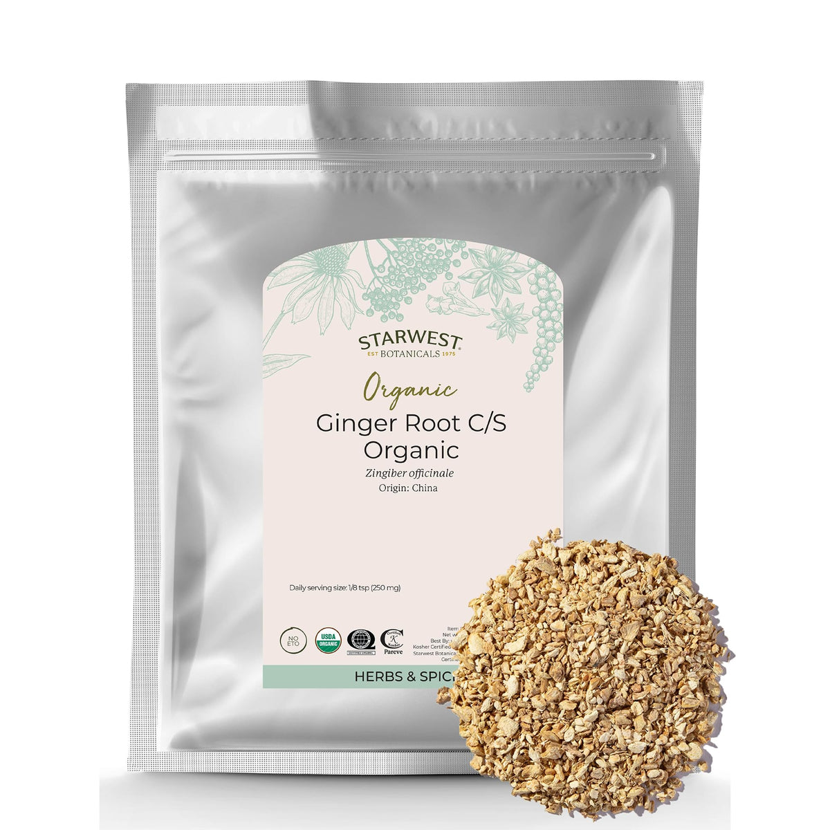 Starwest Botanicals Jengibre seco en bolsa de 1 libra para té aromático.