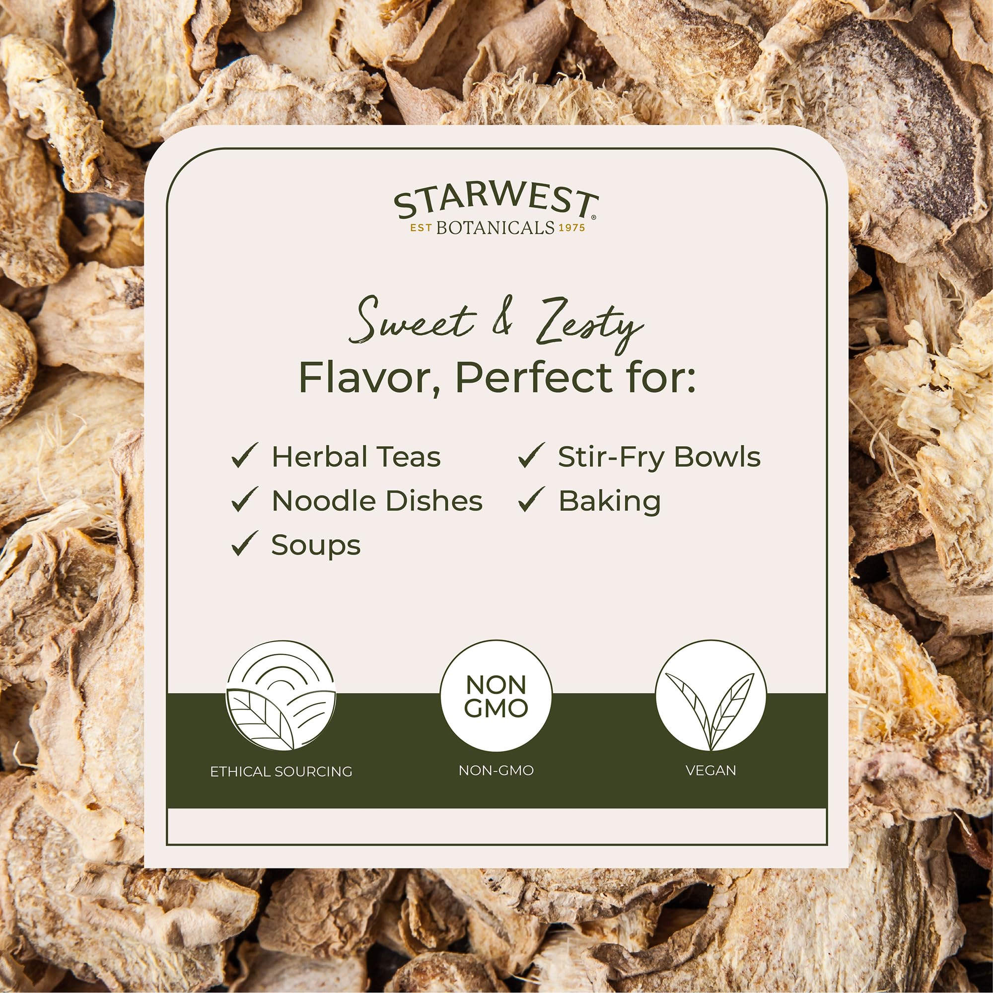 Starwest Botanicals Jengibre seco para infusión de té con sabor cálido.