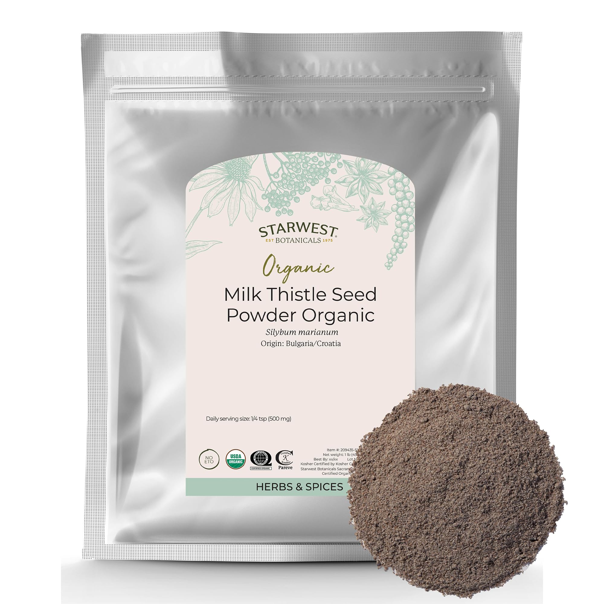 Starwest Botanicals polvo de cardo mariano para té, sabor suave y uso diario.