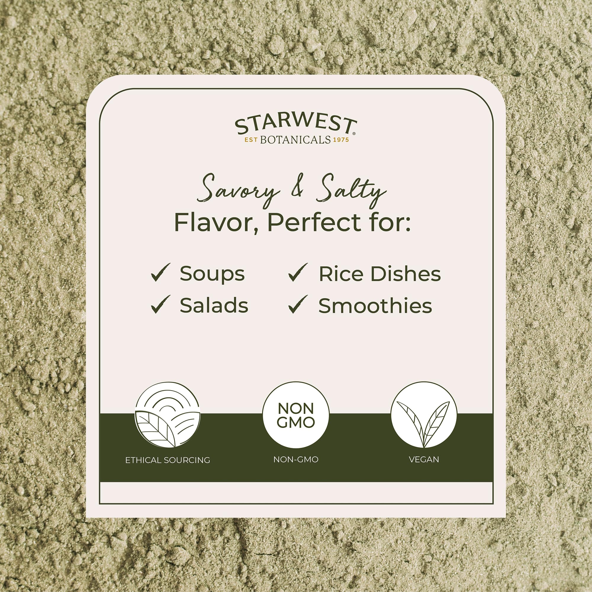 Etiqueta orgánica de Starwest Botanicals polvo de alga y certificaciones