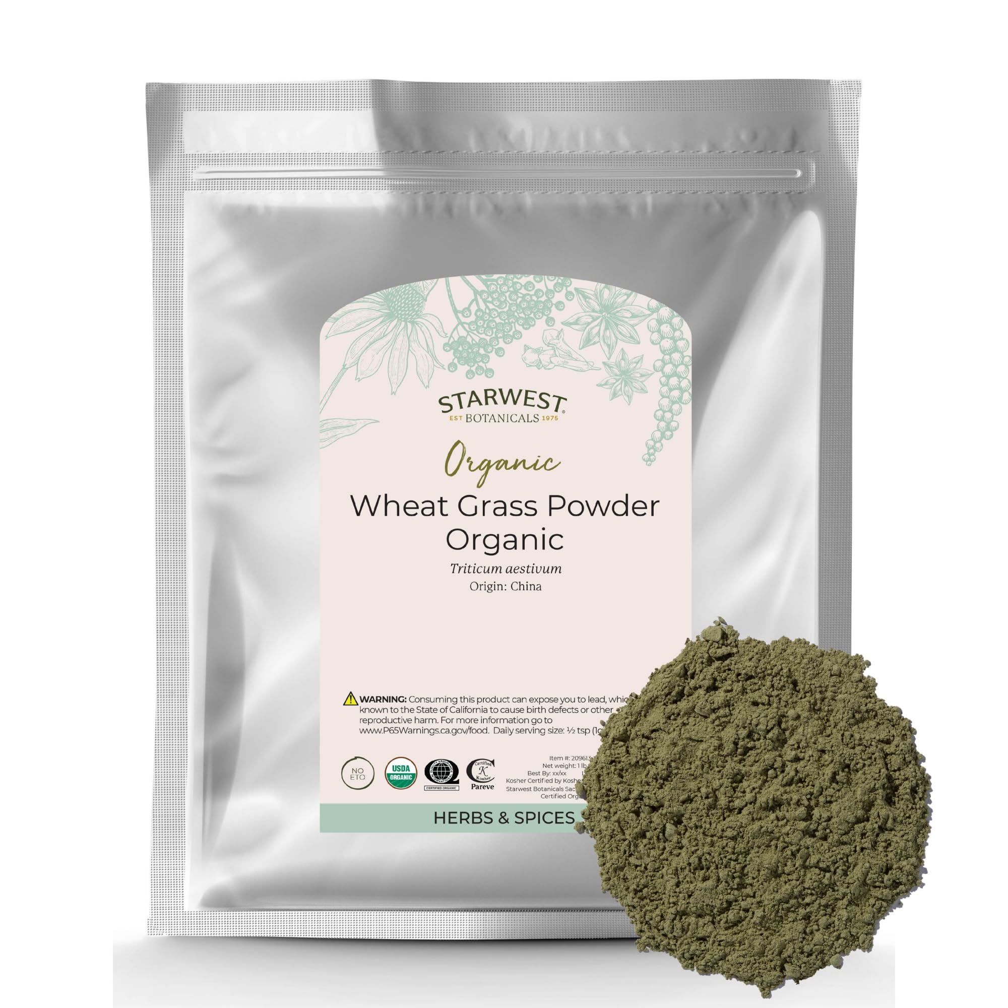 Starwest Botanicals polvo de hierba de trigo, vista frontal del empaque, fuente de nutrientes