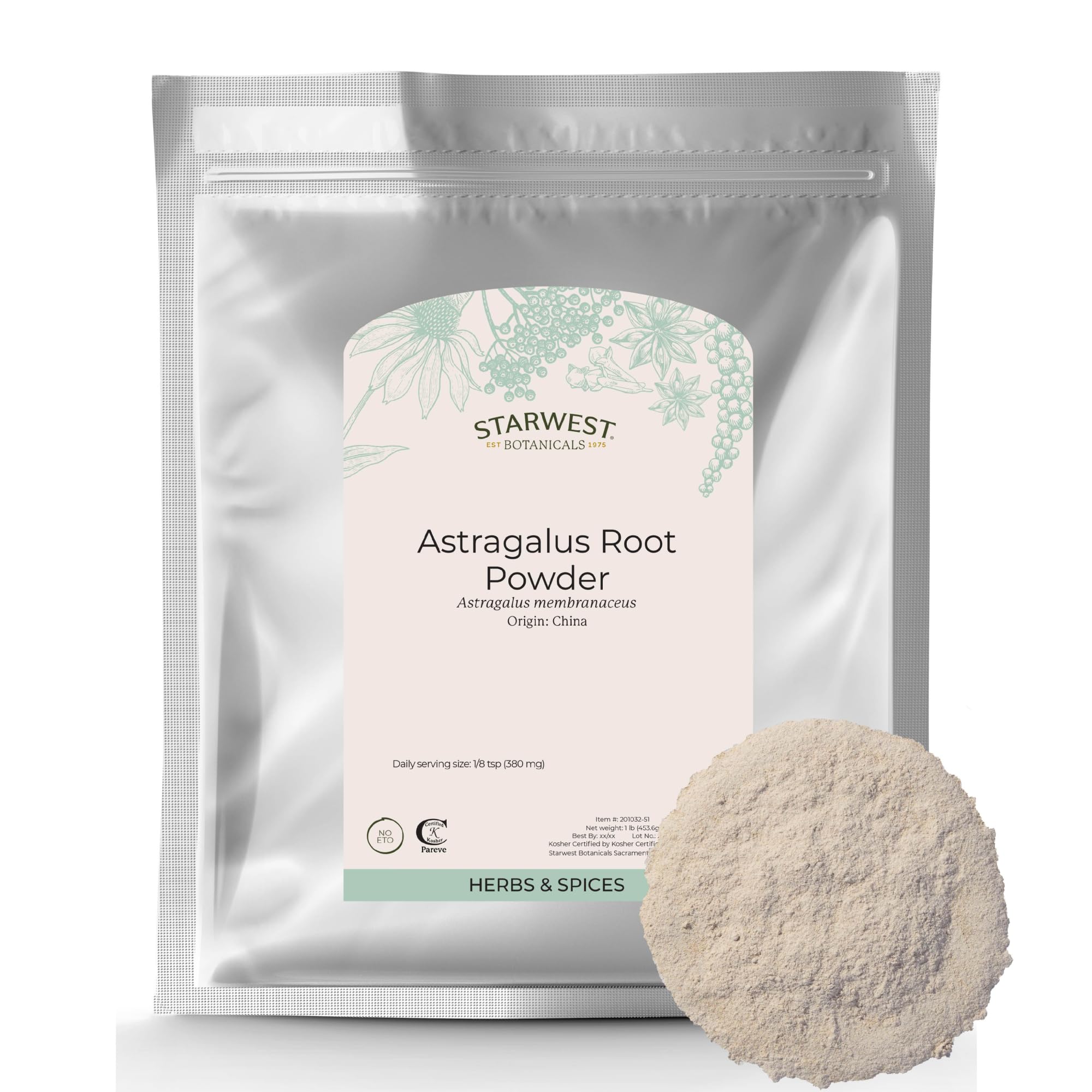 Polvo de raíz de Astrágalo Starwest en envase de 1 libra para batidos.