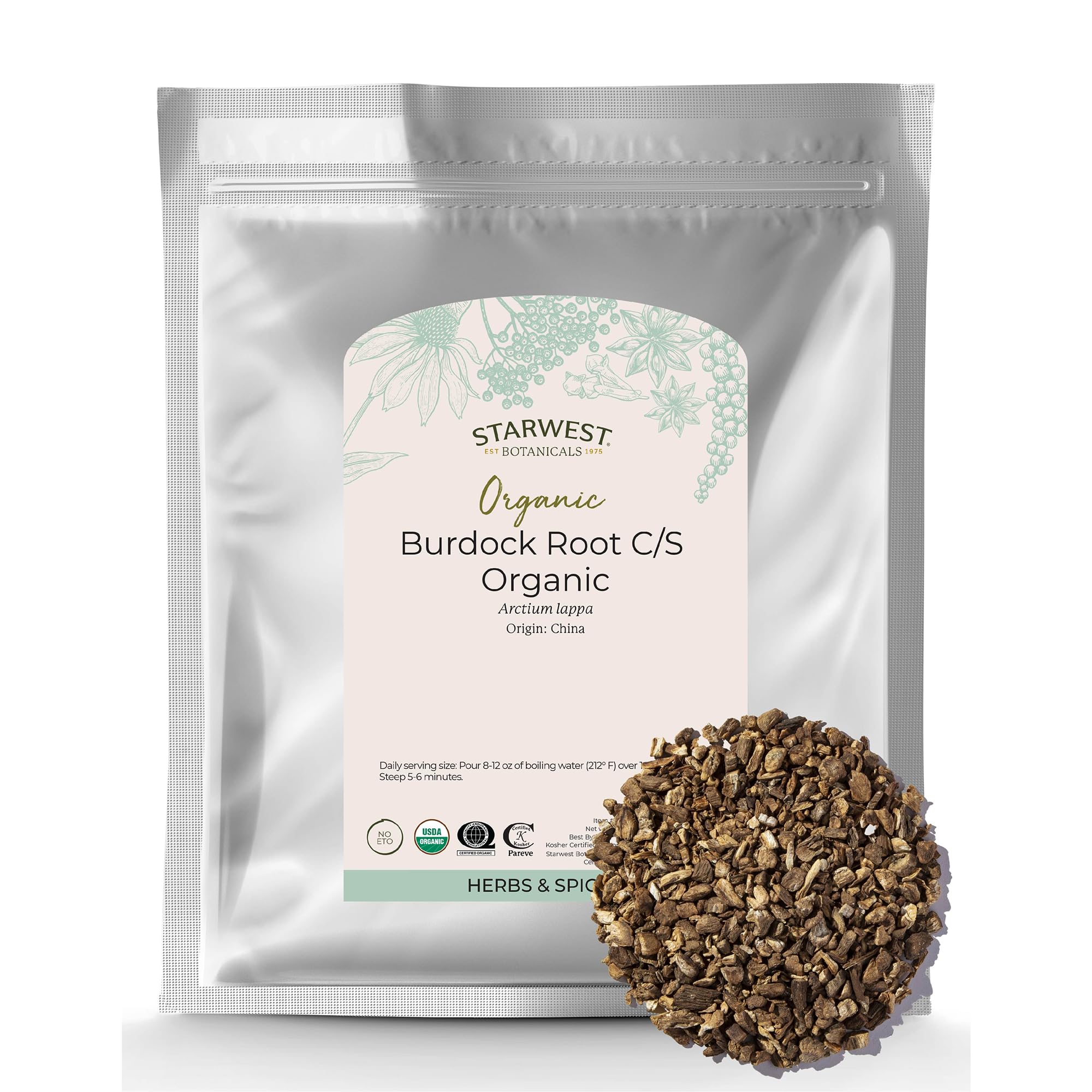 Starwest Botanicals raíz de bardana orgánica en trozos, ideal para infusiones aromáticas