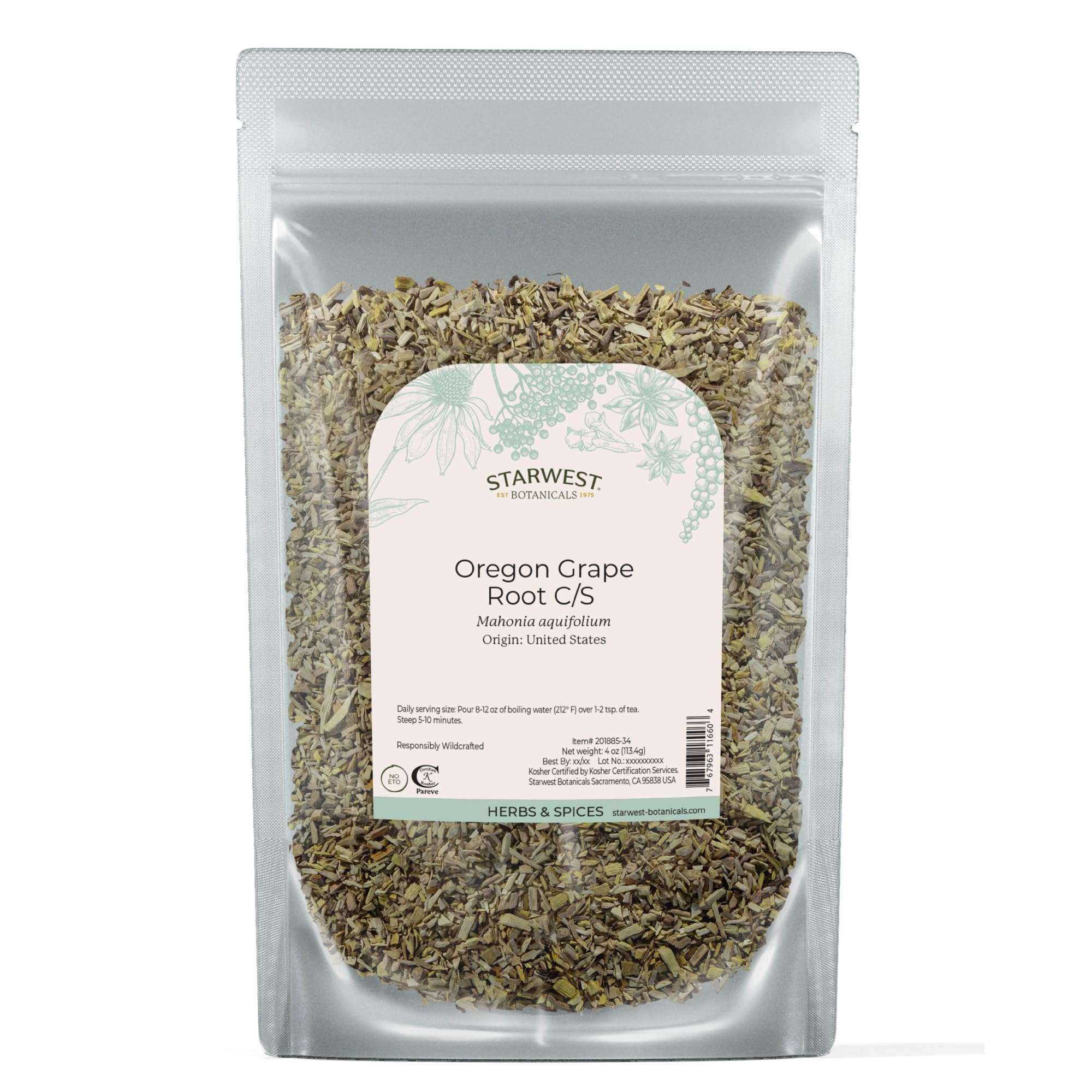 Starwest Botanicals Raíz de Uva de Oregon seca para infusiones, versión de cuatro onzas.
