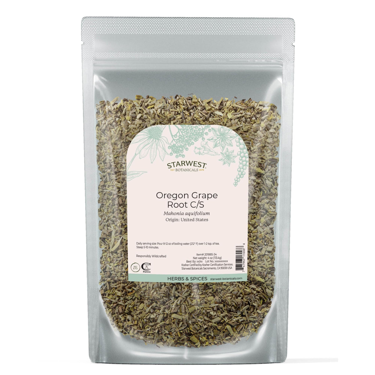 Starwest Botanicals Raíz de Uva de Oregon seca para infusiones, versión de cuatro onzas.
