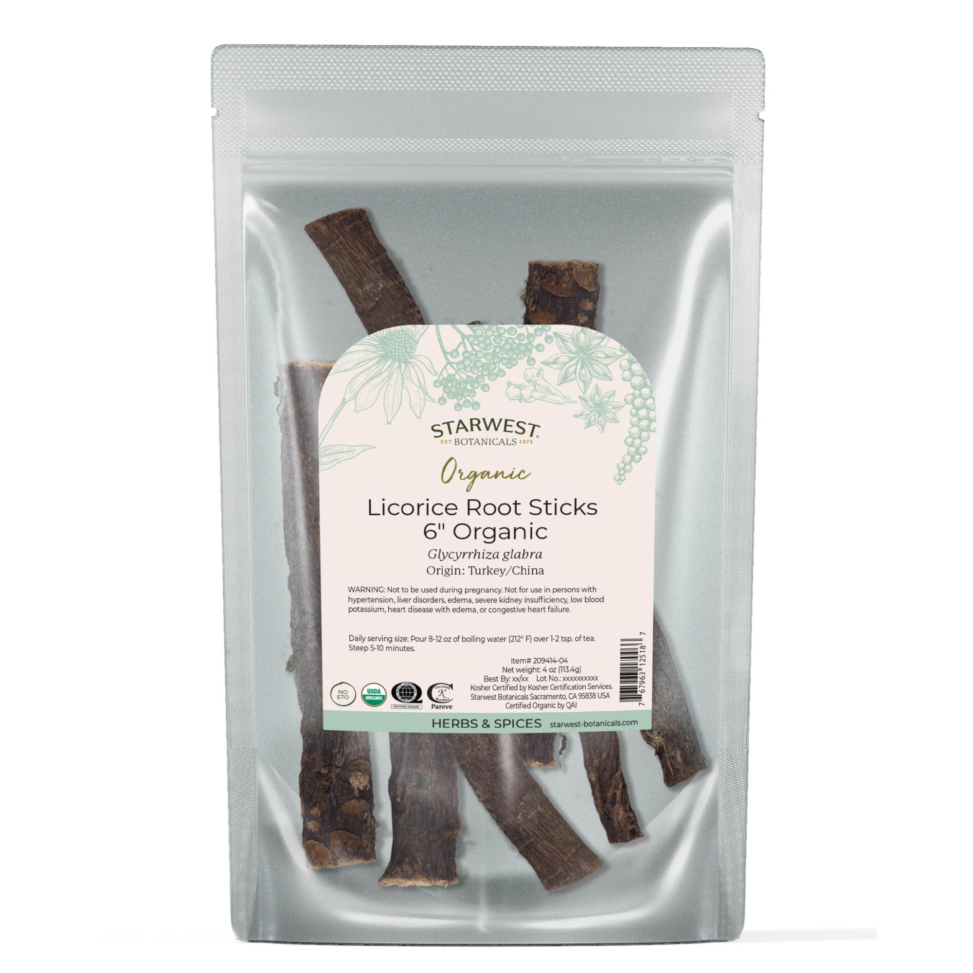 Starwest Botanicals Regaliz varitas 6 pulgadas para tés aromáticos y mezclas.