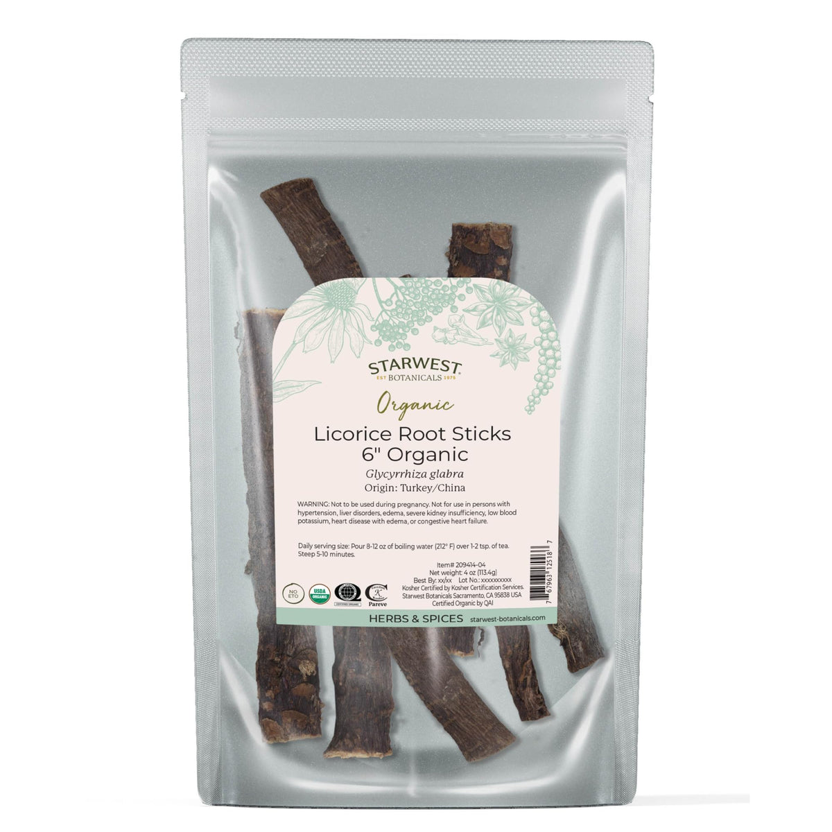 Starwest Botanicals Regaliz varitas 6 pulgadas para tés aromáticos y mezclas.