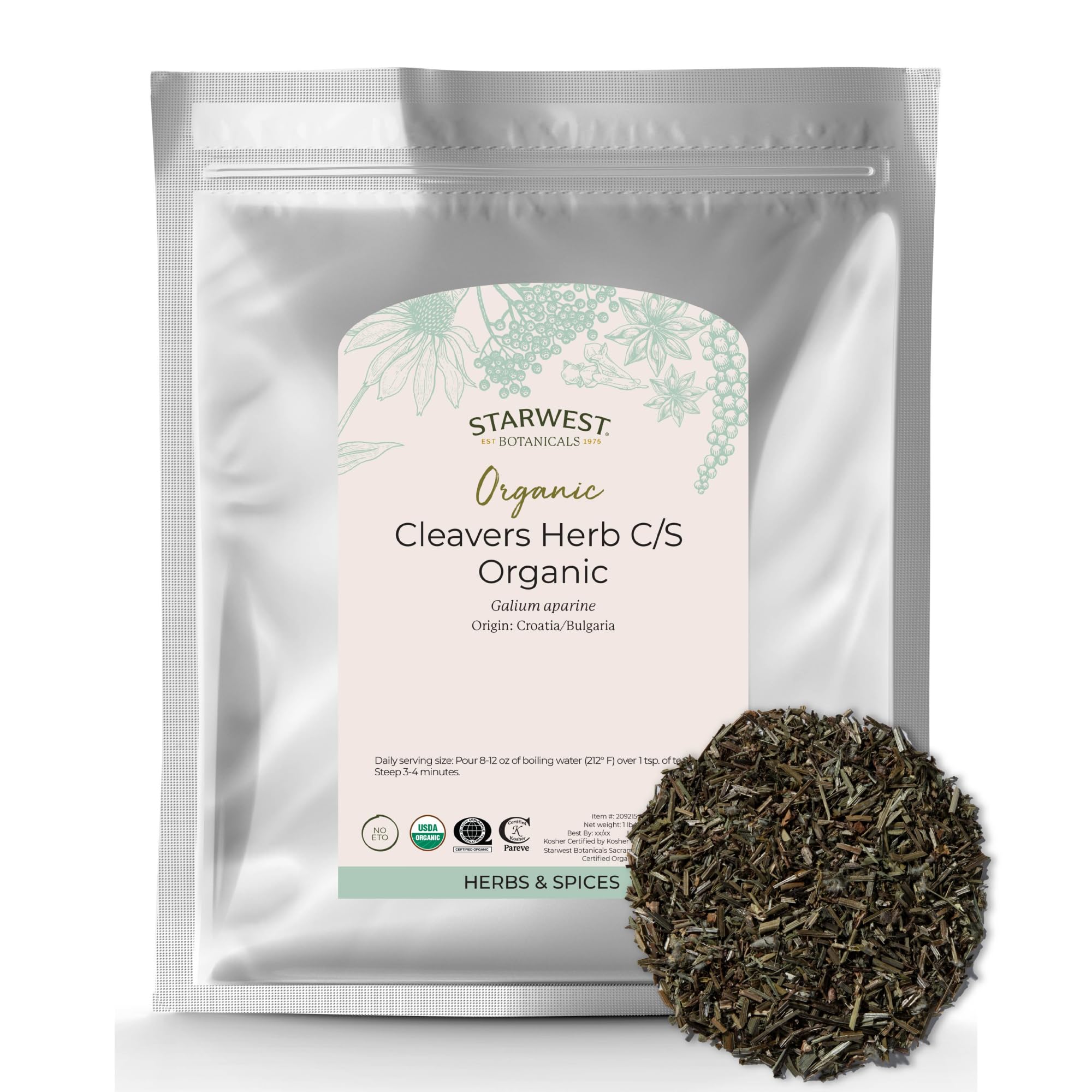 Starwest Cleavers Hierba Orgánica, hojas secas para infusiones suaves y sabor herbal.