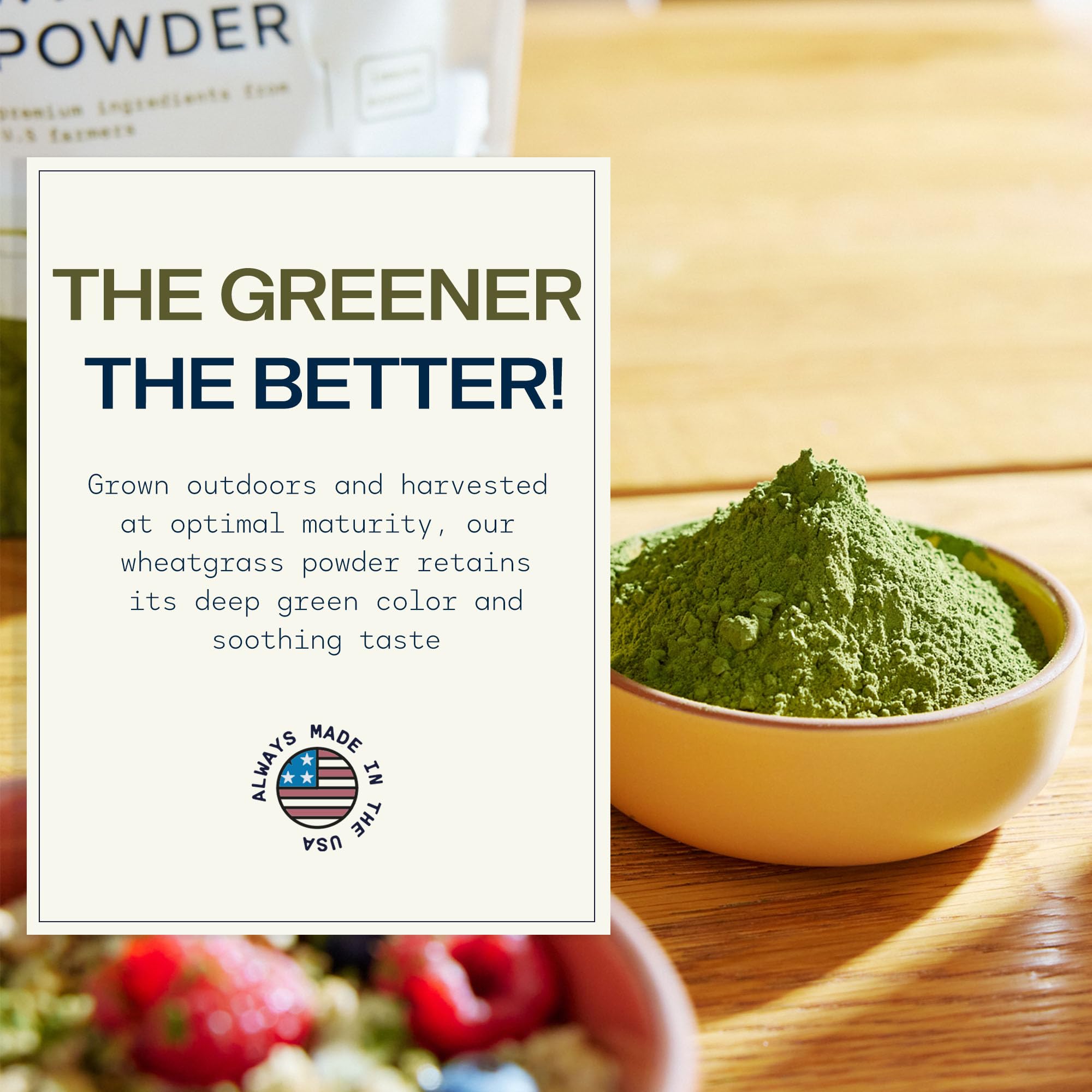 Stateside Growers polvo hierba trigo orgánico para enriquecer platos cocinados.