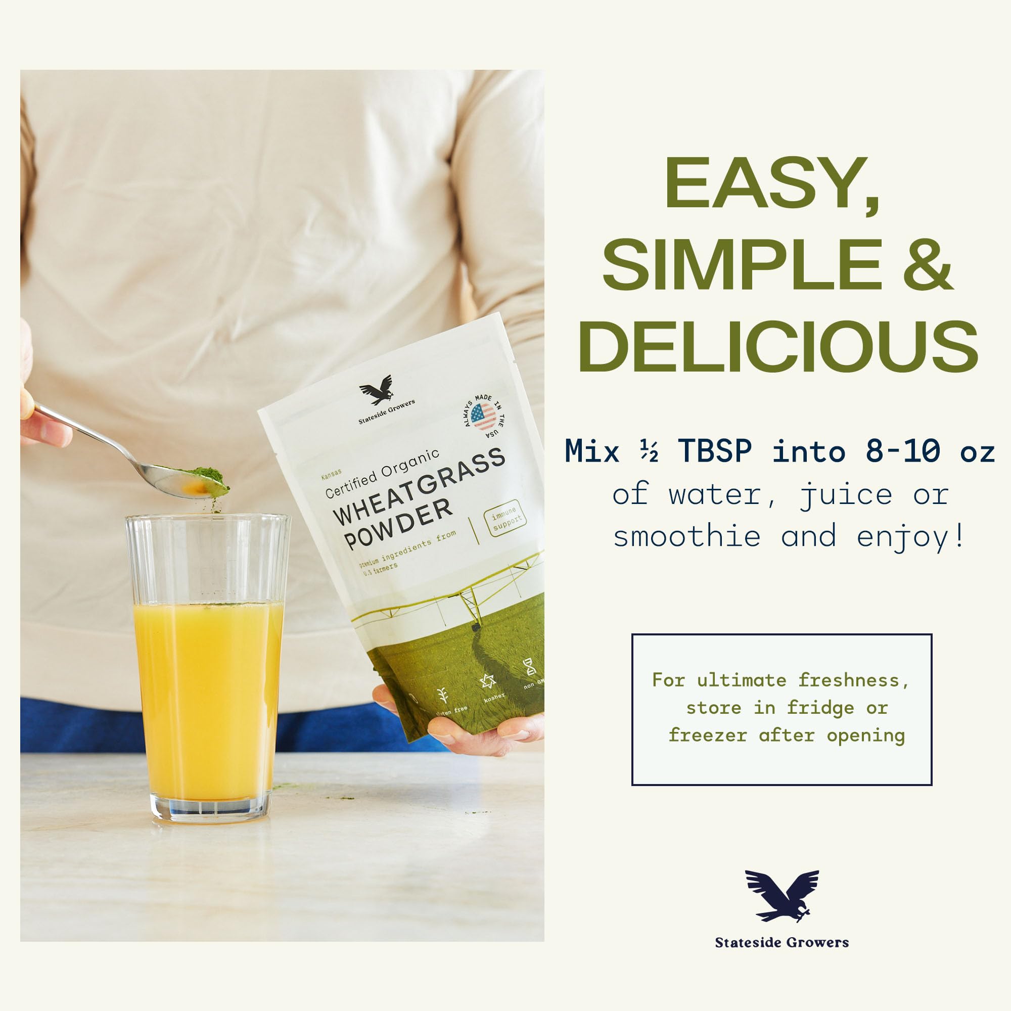 Stateside Growers polvo hierba trigo orgánico en jarra para recetas saludables.
