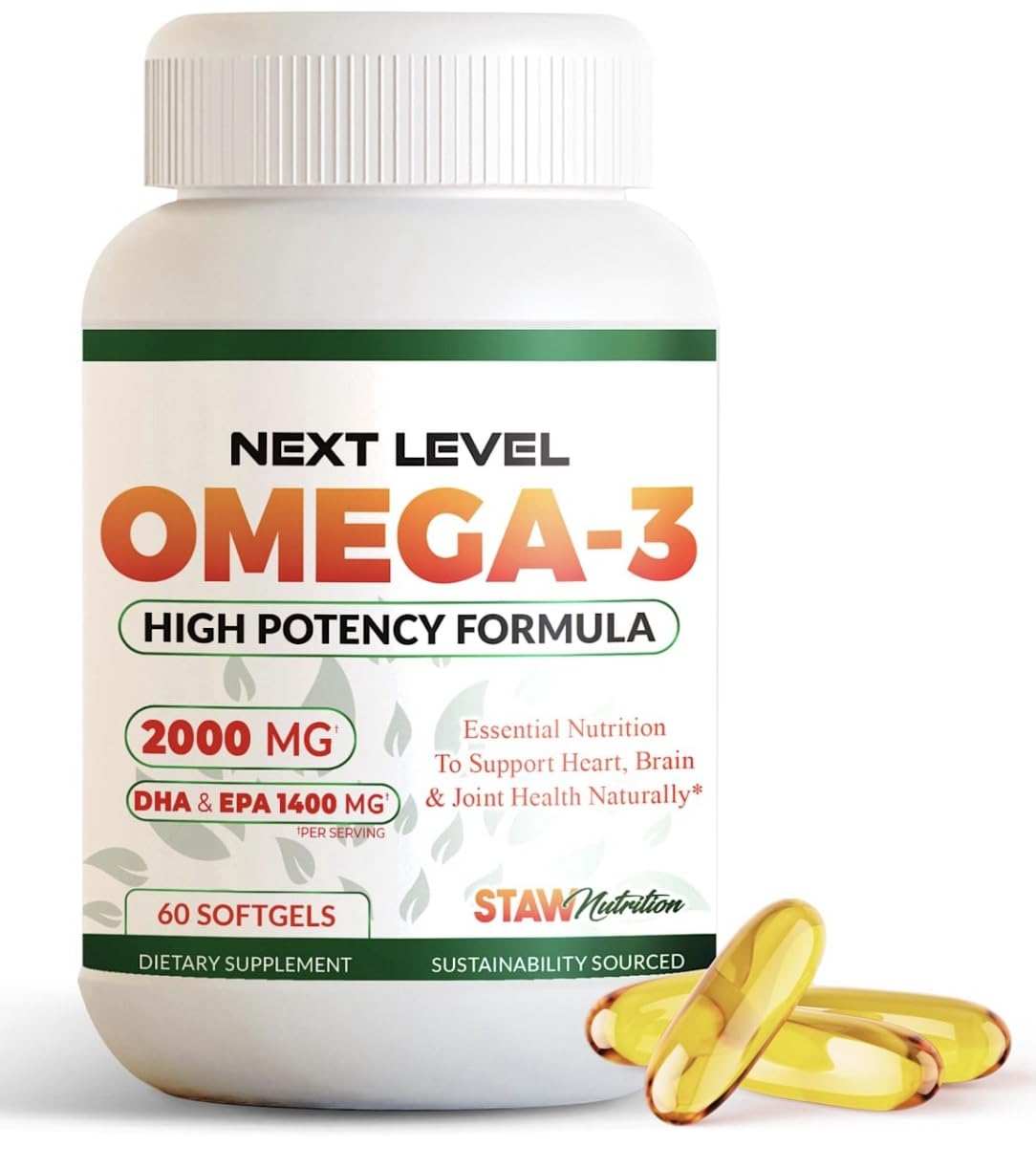 STAW Nutrition Omega-3: botella con cápsulas para bienestar general diario.