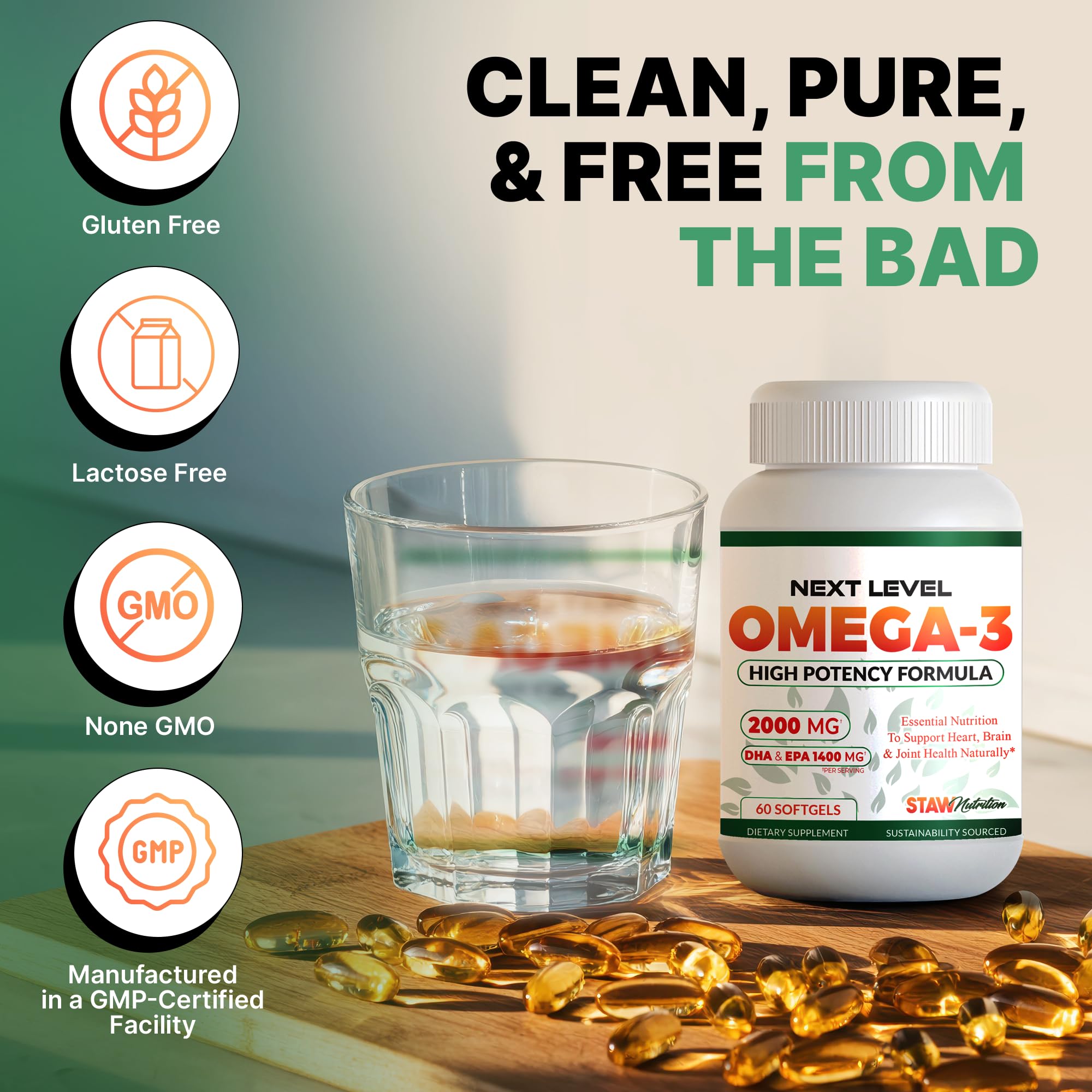 STAW Nutrition Omega-3: porción diaria de cápsulas para apoyo general.