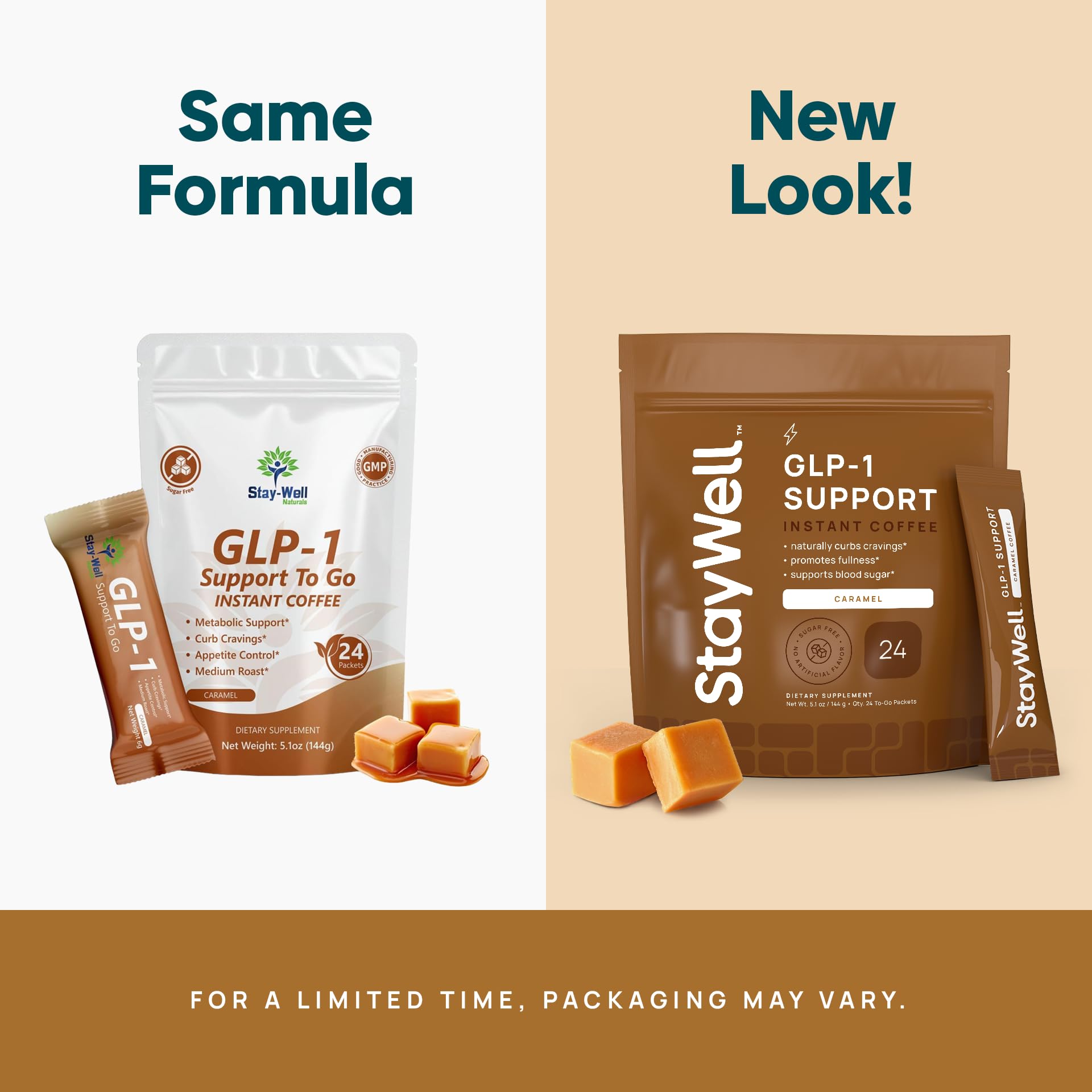 Stay-Well Naturals GLP-1, control de antojos en café vainilla para energía estable.