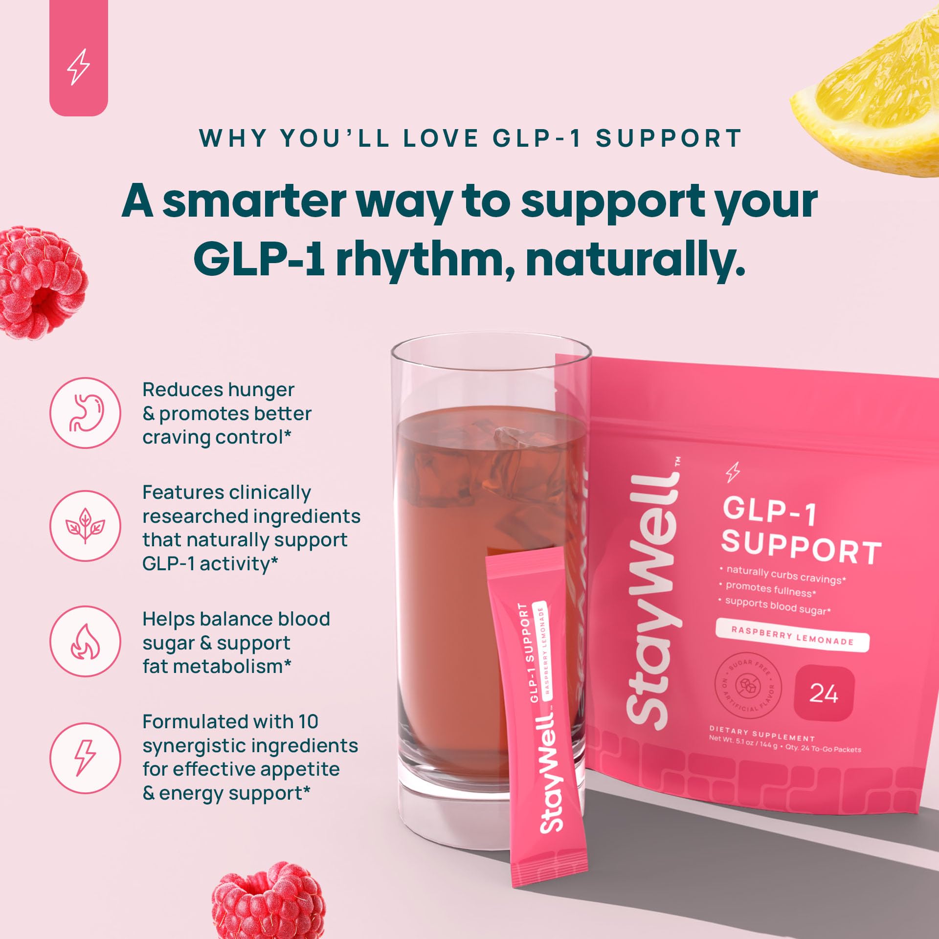 Stay-Well Naturals GLP-1 en taza, sabor frambuesa-limón para hidratación sabrosa