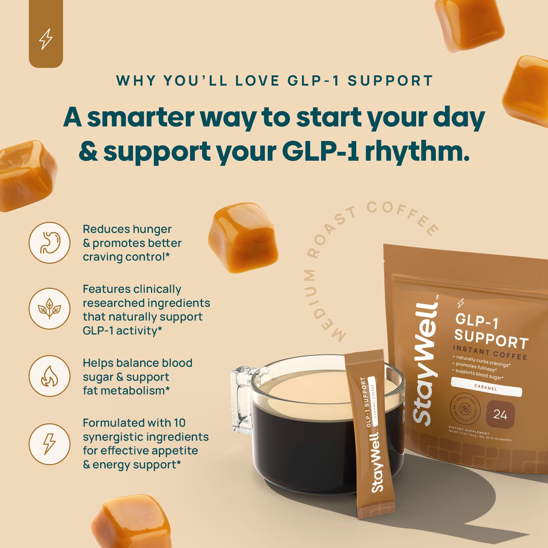 Stay-Well Naturals Slim Coffee, café arábica vainilla con balance metabólico.