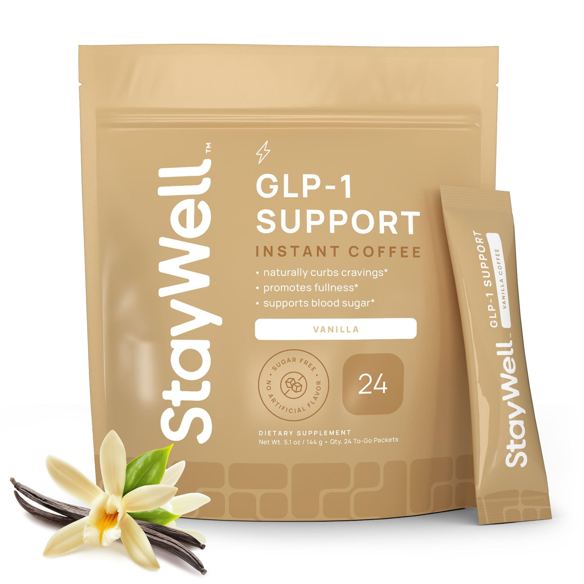 Stay-Well Naturals Slim Coffee GLP-1, botella vainilla, aroma suave para empezar el día.
