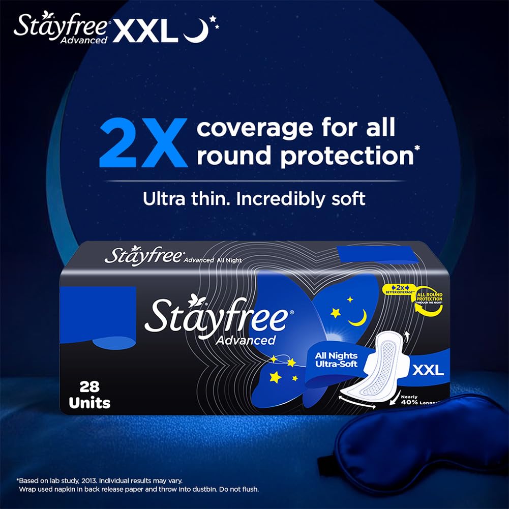 Stayfree Advanced XL, cobertura extra larga, ayuda a prevenir filtraciones durante la noche.